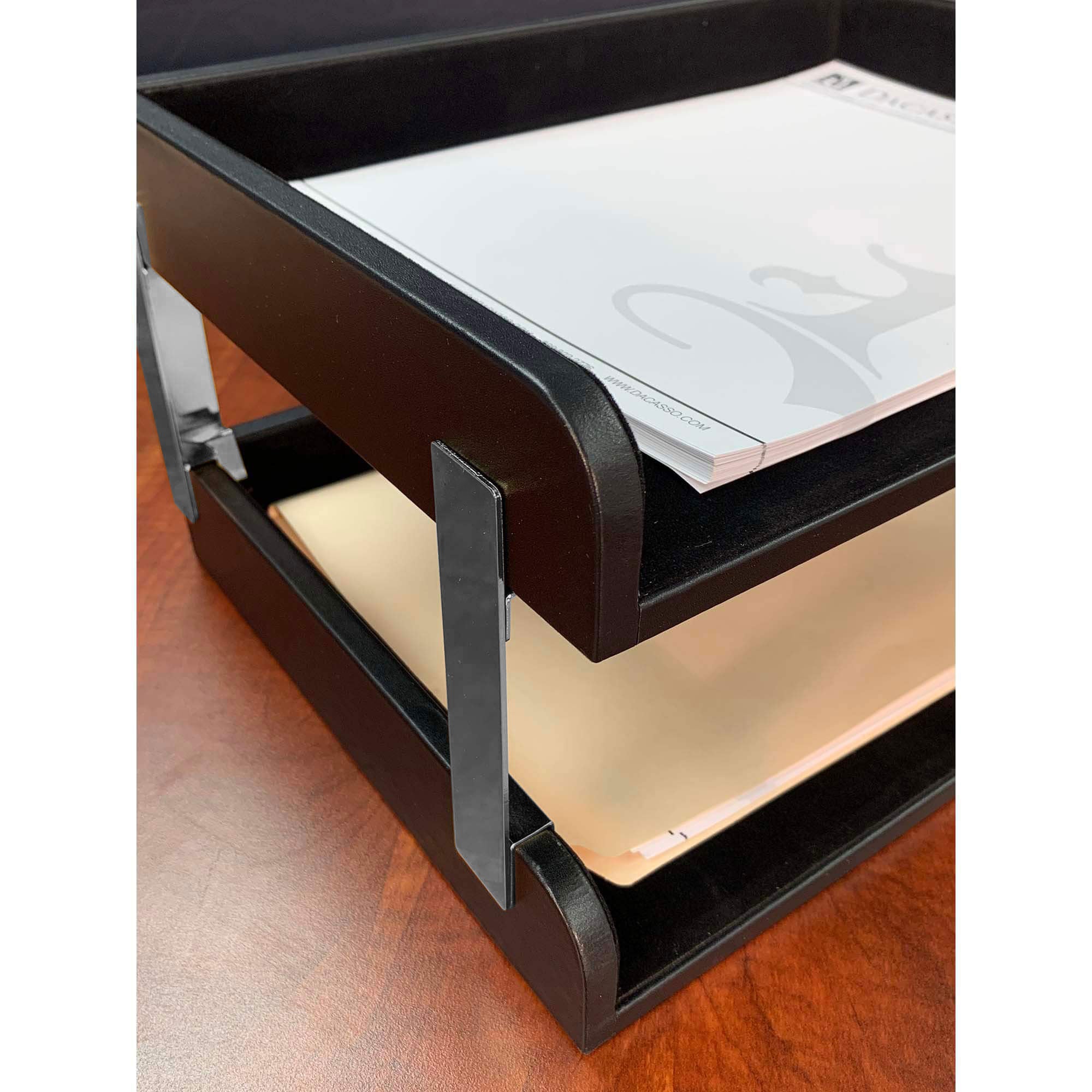 Classic Black Leather Letter Tray, Side Load, Stacking Set, Silver