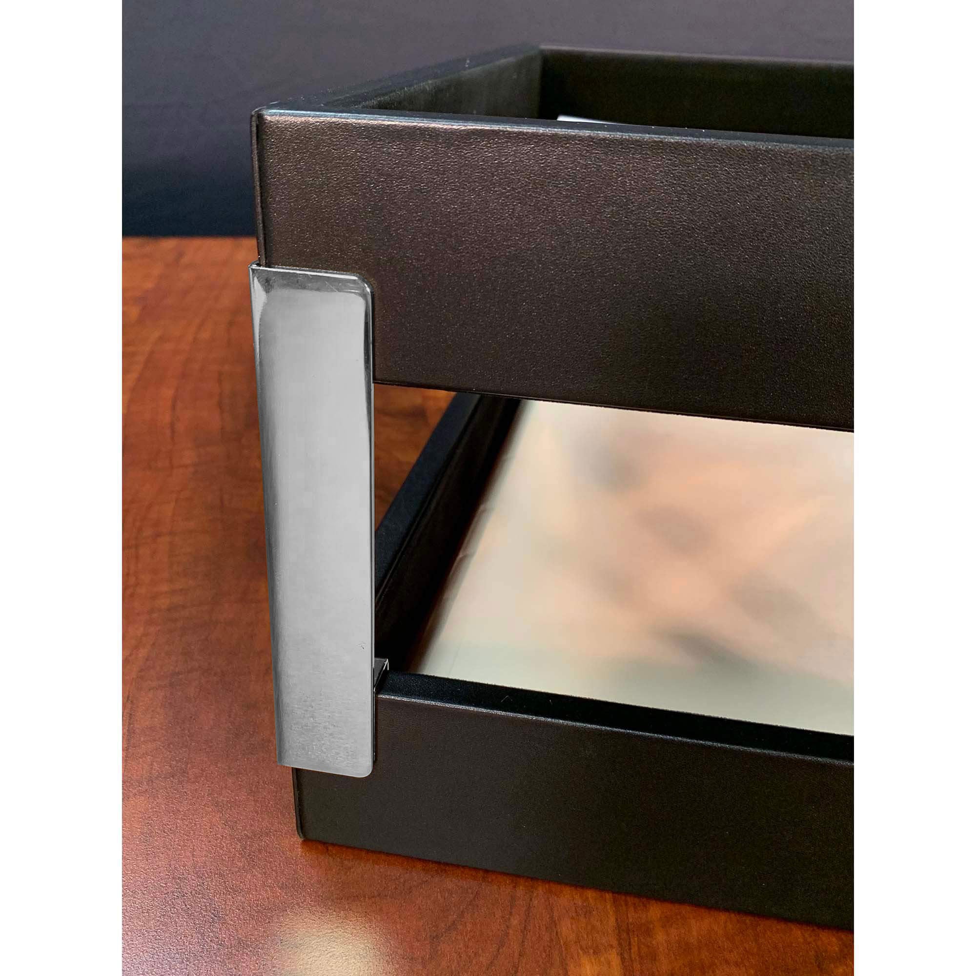 Classic Black Leather Letter Tray, Side Load, Stacking Set, Silver