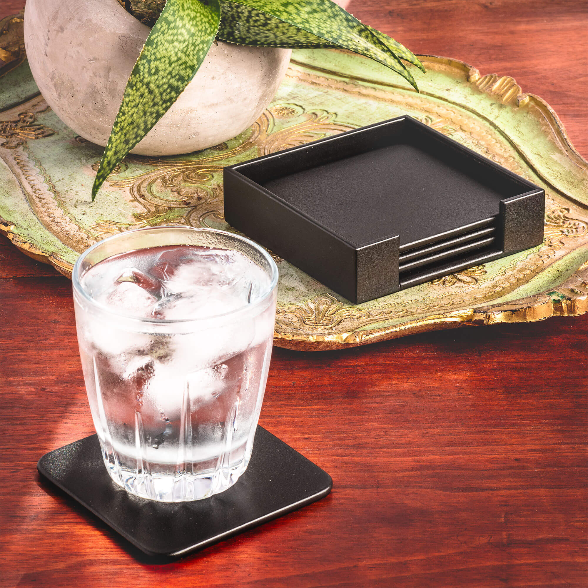 Black Leather 4 Square Coaster Set w/ Holder