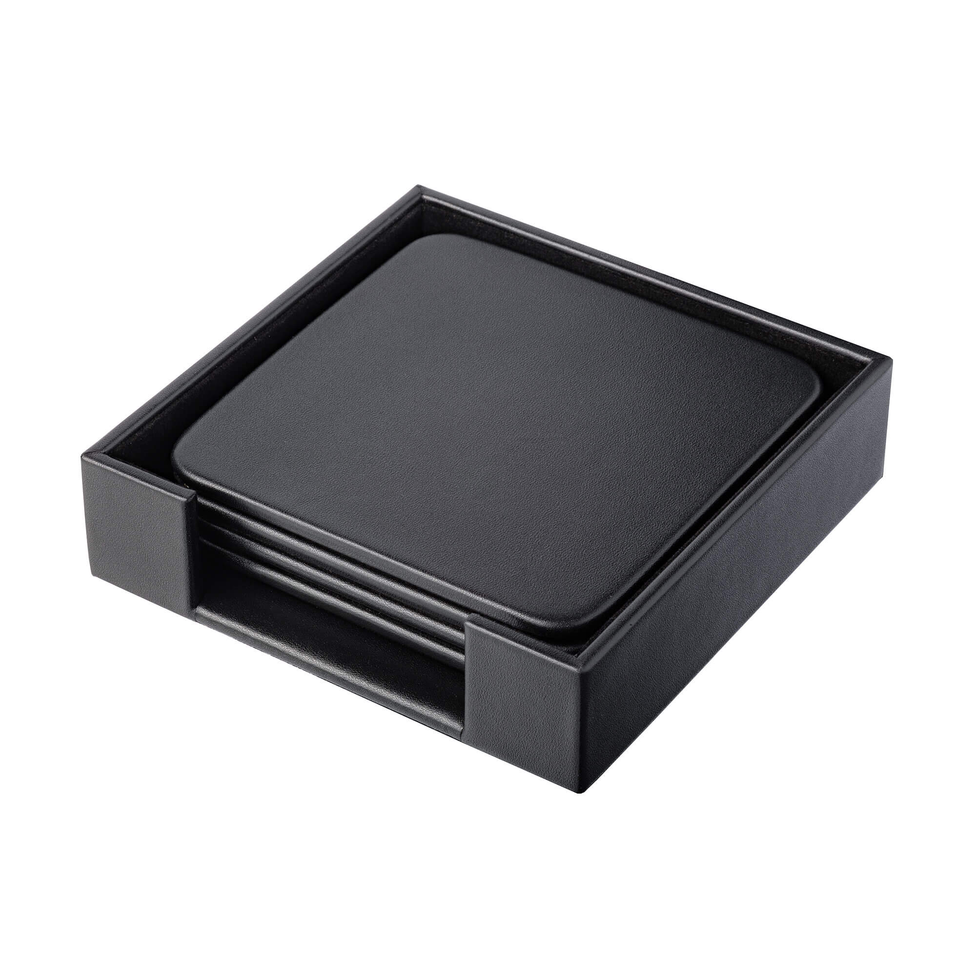 Black Leather 4 Square Coaster Set w/ Holder