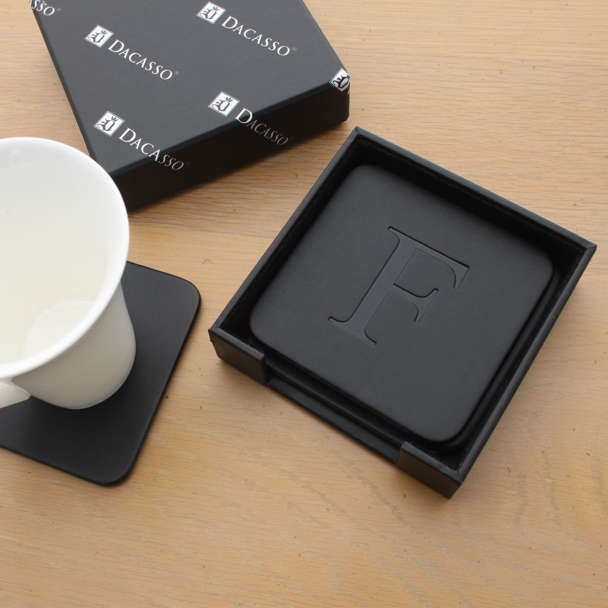 Black Leather 4 Square Coaster Set w/ Holder