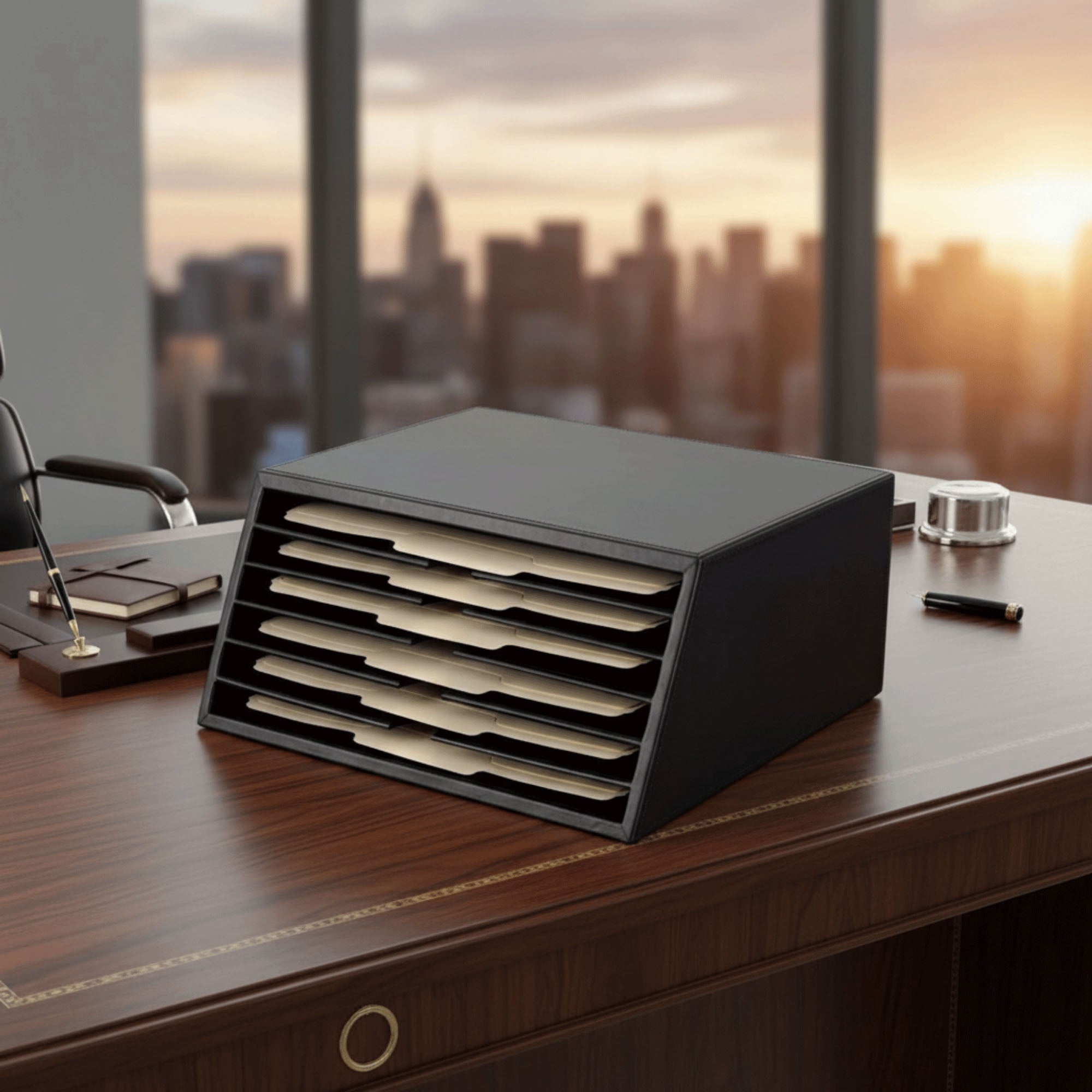 Classic Black Leather Vertical Letter Sorter
