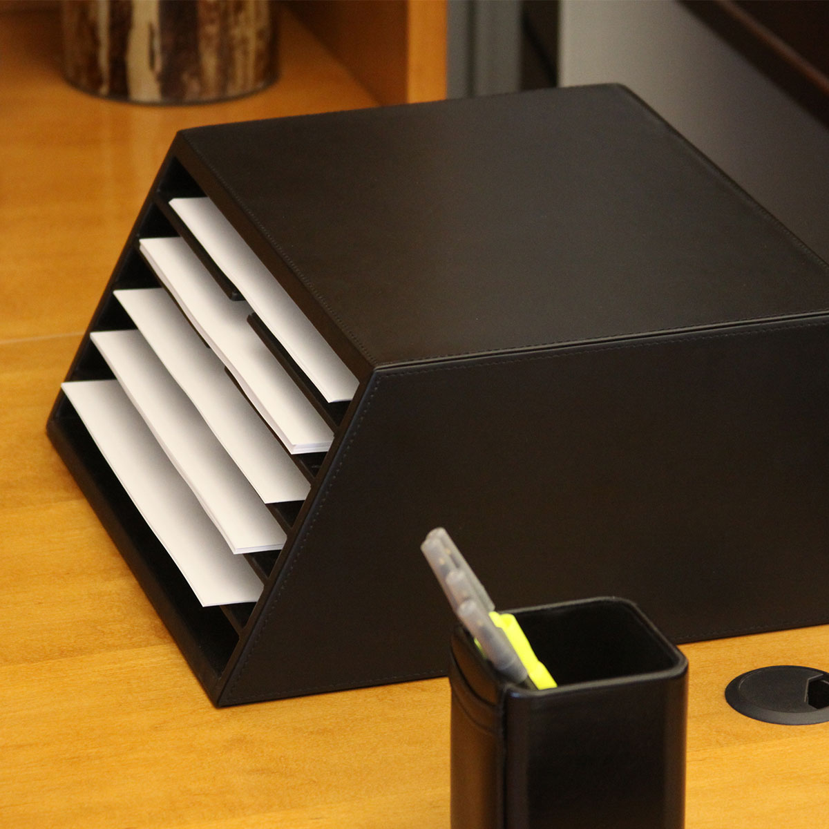 Classic Black Leather Vertical Letter Sorter