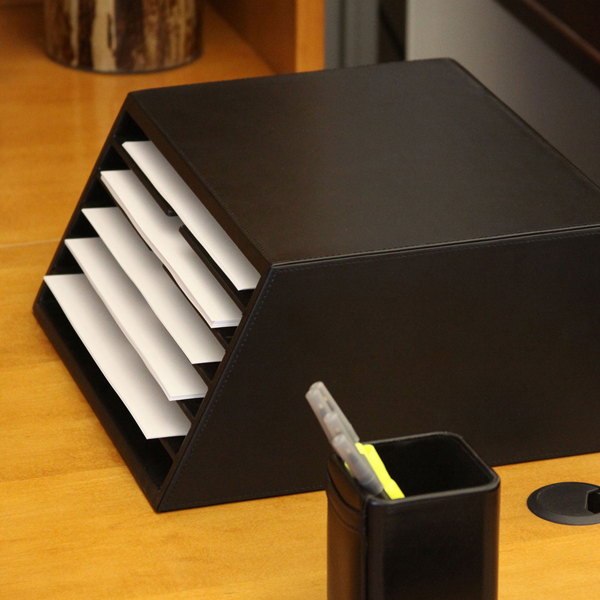 Classic Black Leather Vertical Letter Sorter