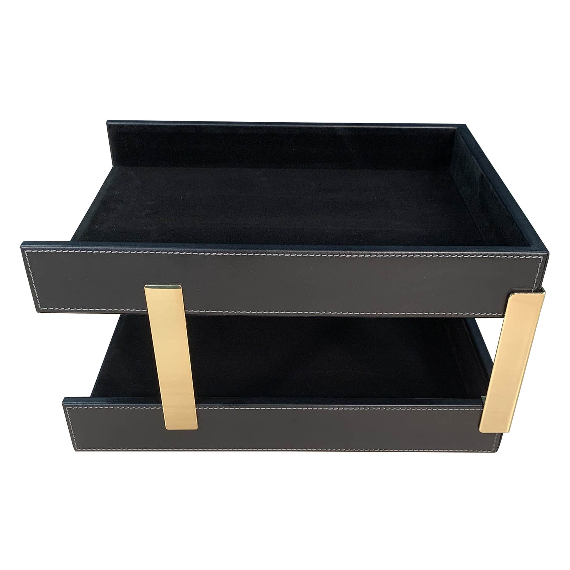 Rustic (Onyx) Black Leather Letter Tray, Stacking Set, Gold