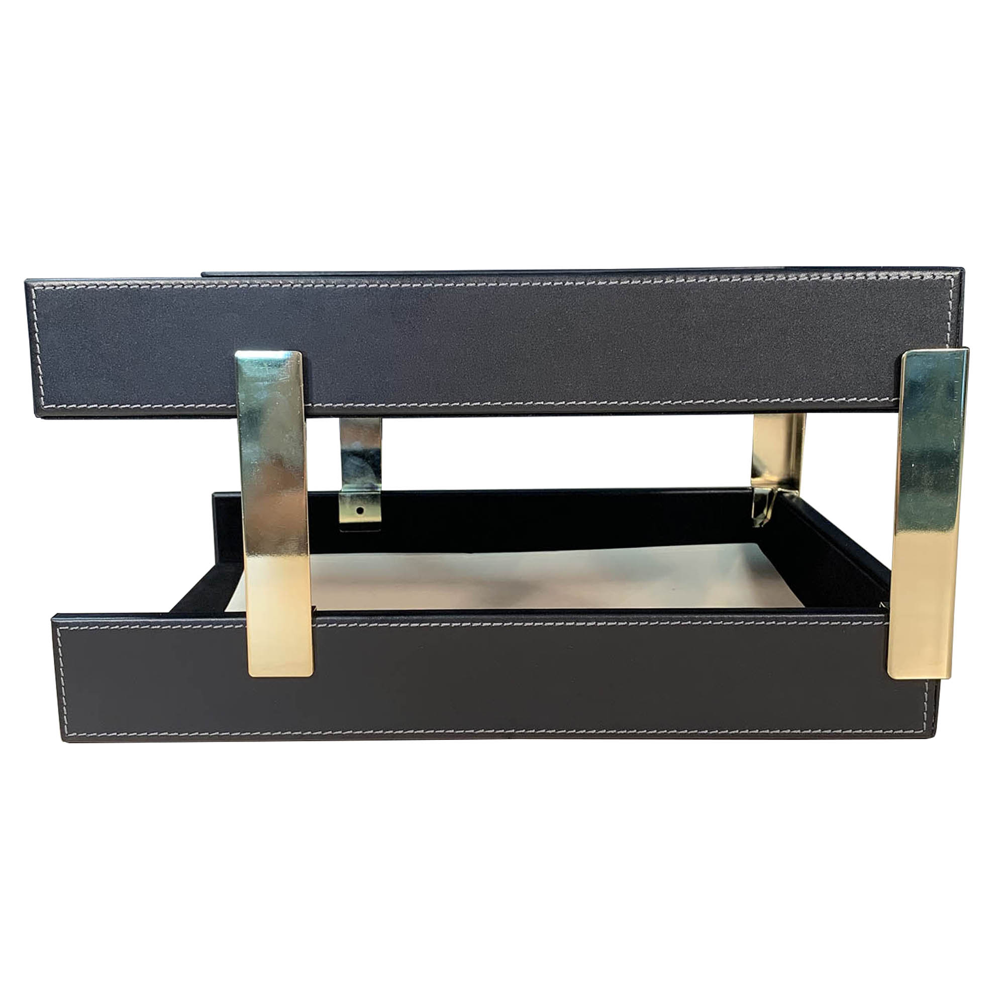 Rustic (Onyx) Black Leather Letter Tray, Stacking Set, Gold