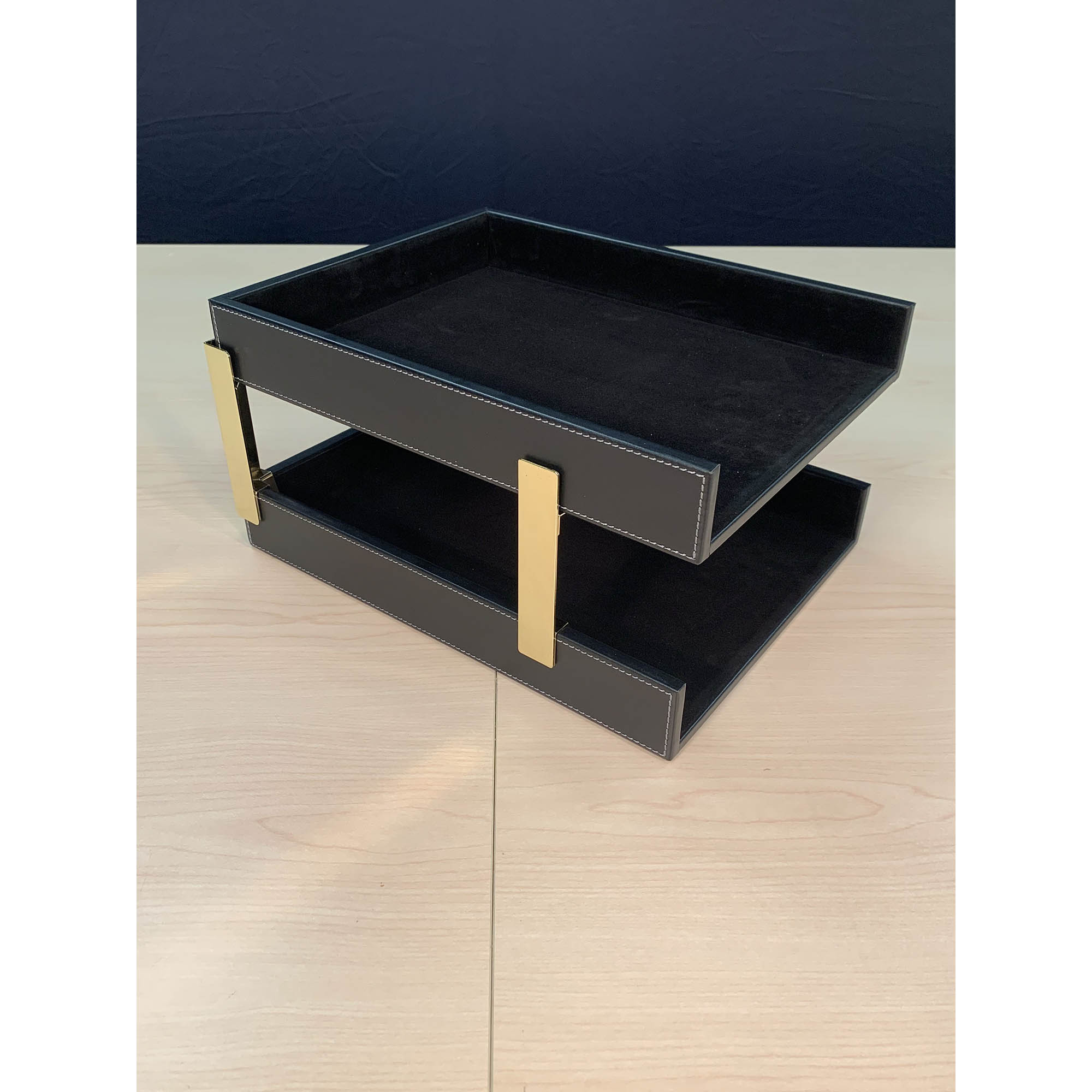 Rustic (Onyx) Black Leather Letter Tray, Stacking Set, Gold