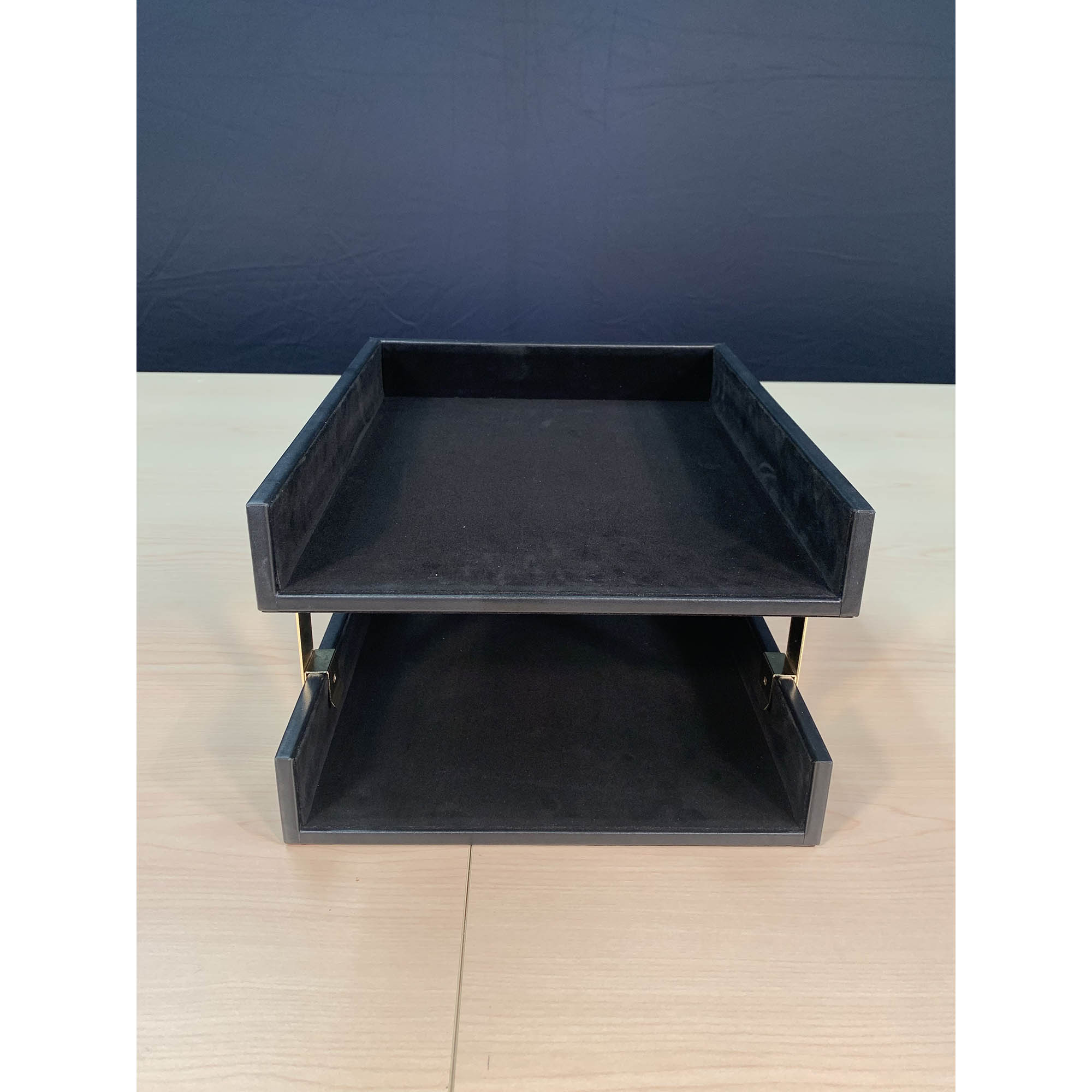 Rustic (Onyx) Black Leather Letter Tray, Stacking Set, Gold