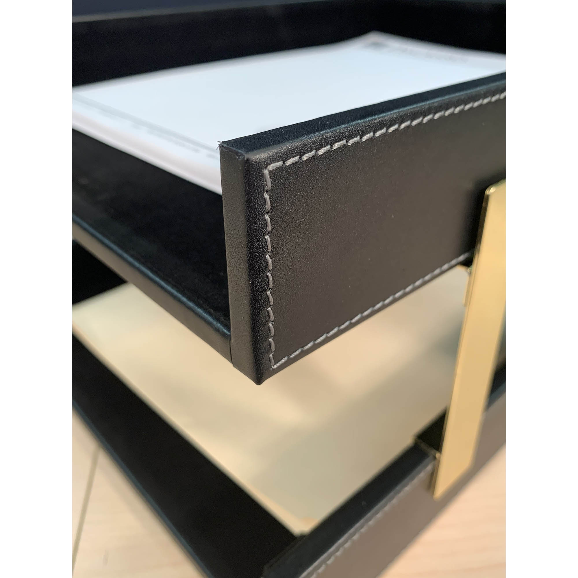 Rustic (Onyx) Black Leather Letter Tray, Stacking Set, Gold
