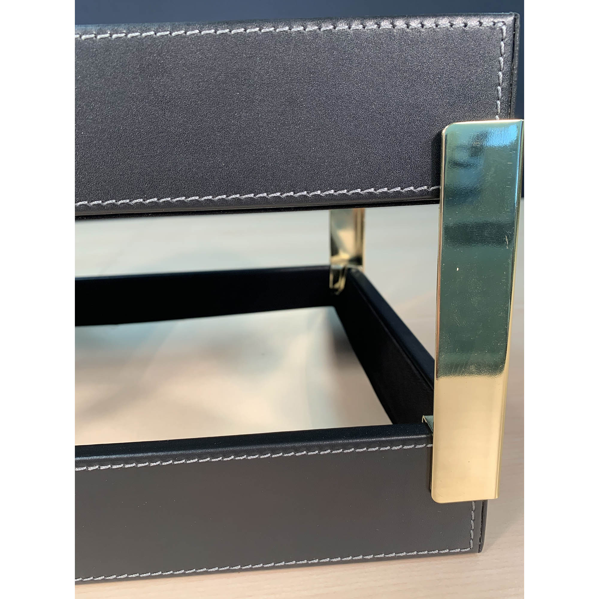 Rustic (Onyx) Black Leather Letter Tray, Stacking Set, Gold