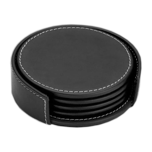 Onyx (Rustic) Black Leather 4 Round Coaster Set w/ Holder