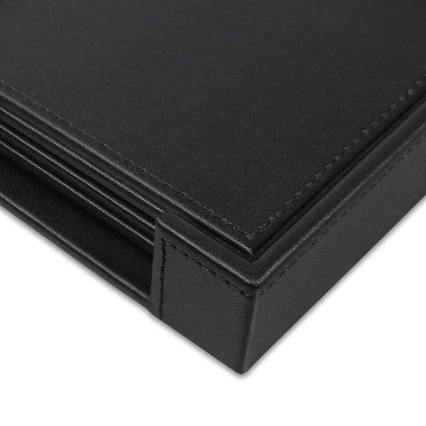 Black Leatherette 4 Square Coaster Set w/ Black Tone-on-Tone Stitching and Holder