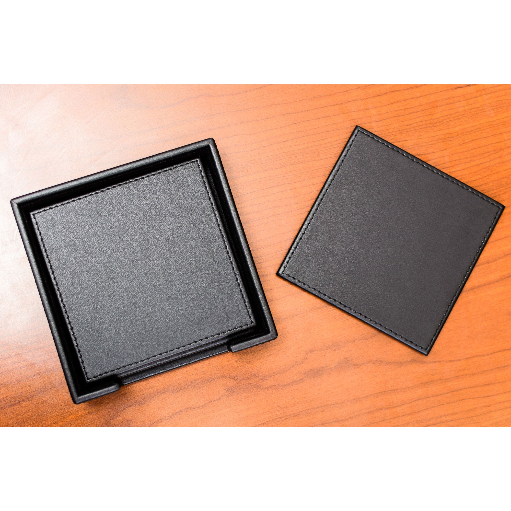 Black Leatherette 4 Square Coaster Set w/ Black Tone-on-Tone Stitching and Holder