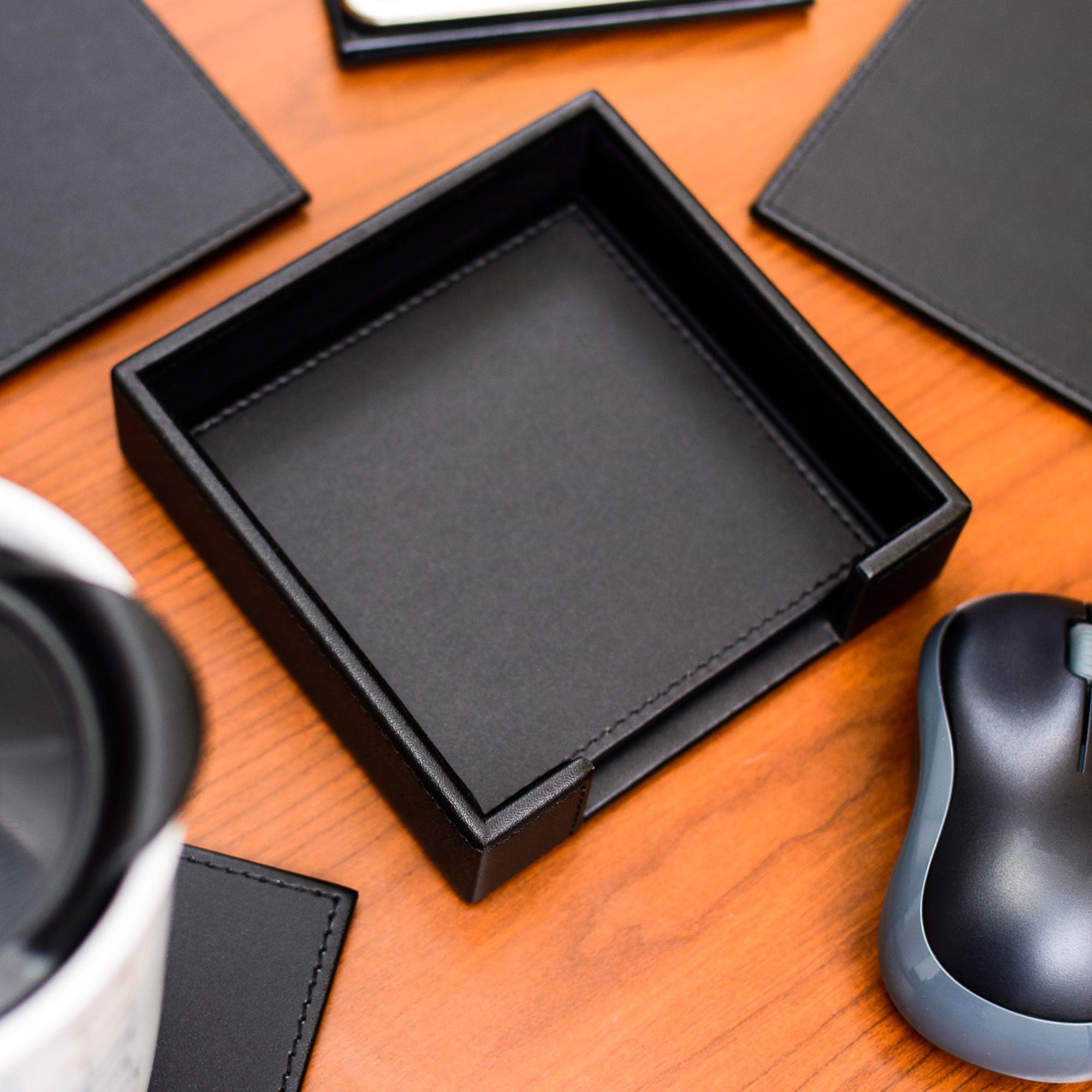 Black Leatherette 4 Square Coaster Set w/ Black Tone-on-Tone Stitching and Holder