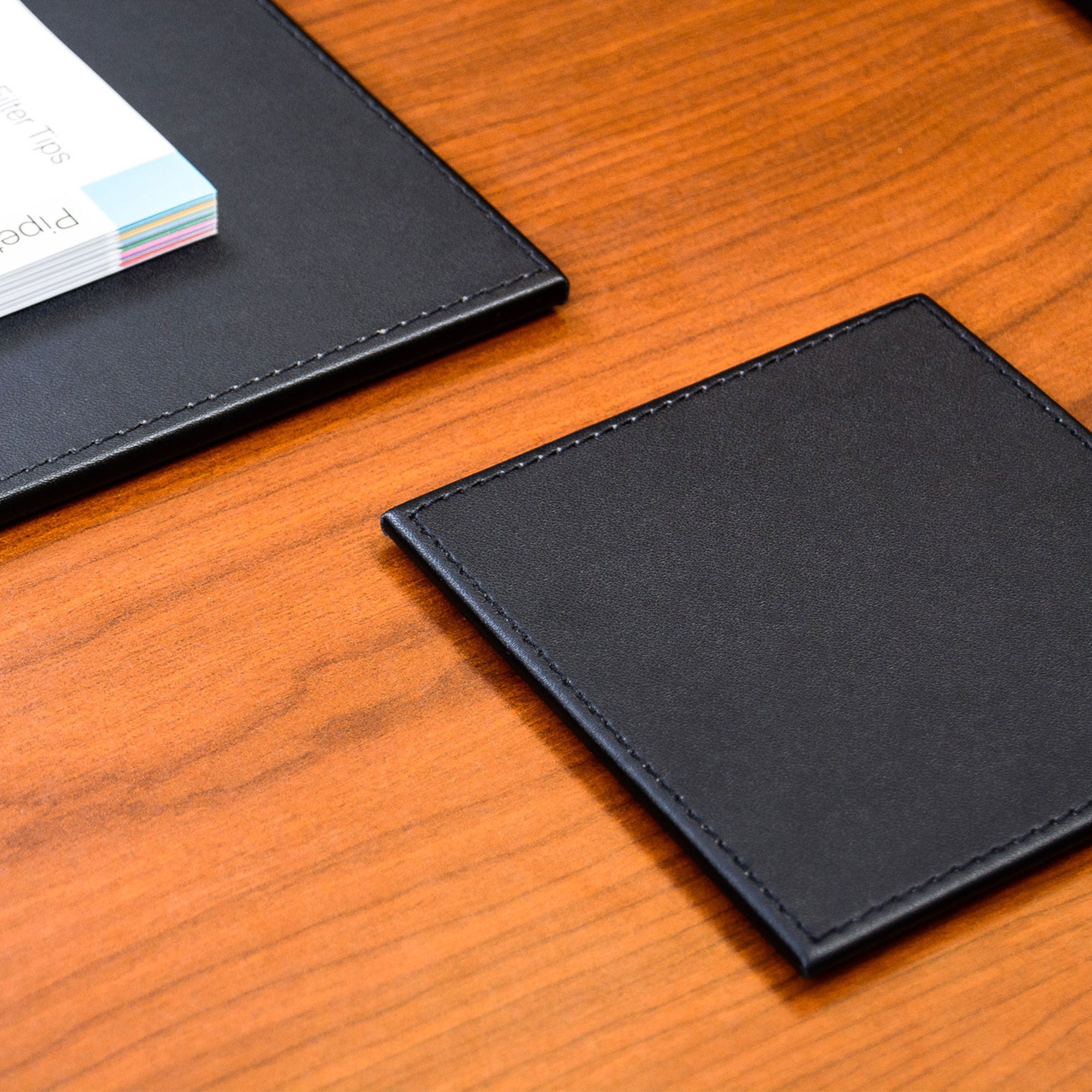 Black Leatherette 4 Square Coaster Set w/ Black Tone-on-Tone Stitching and Holder