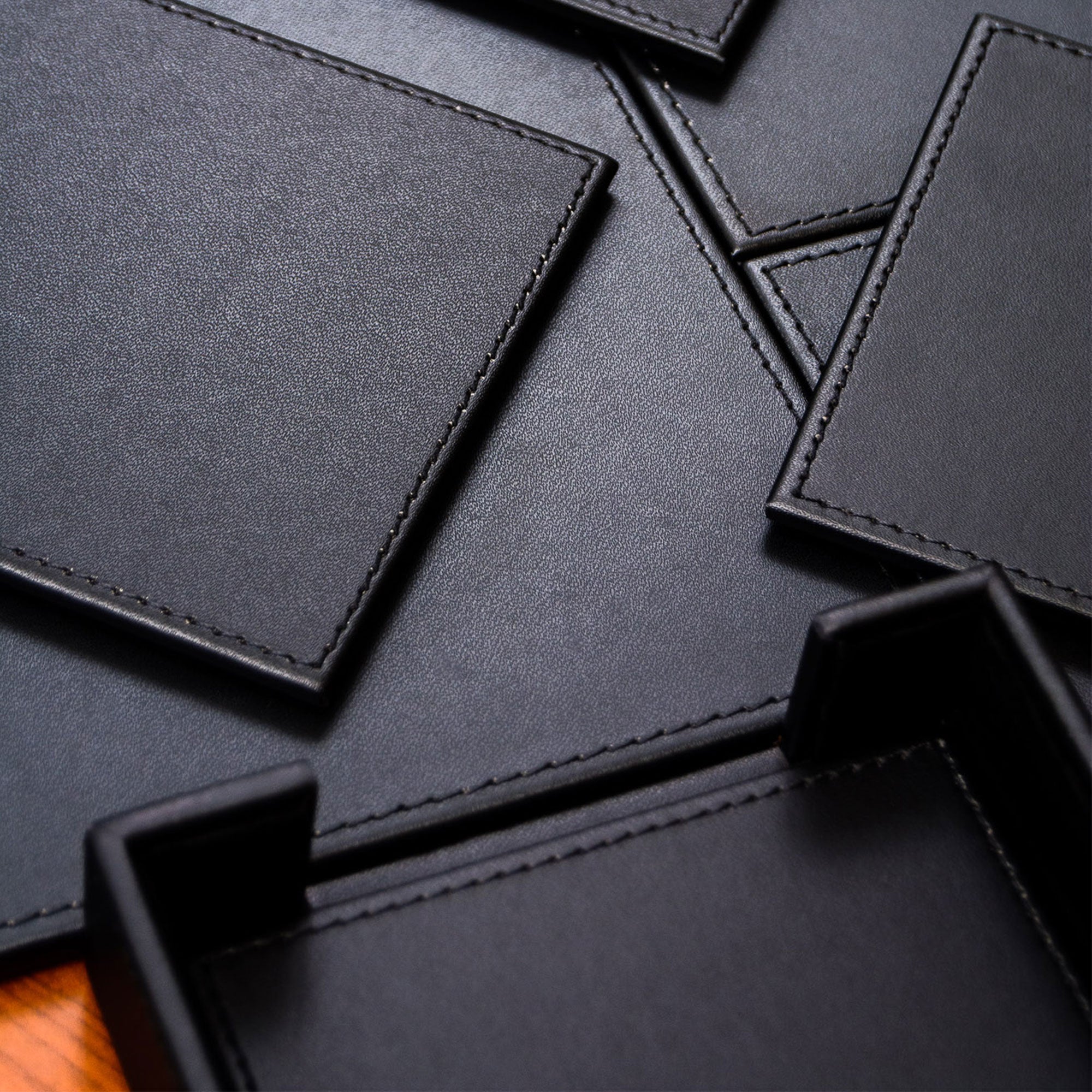 Black Leatherette 4 Square Coaster Set w/ Black Tone-on-Tone Stitching and Holder