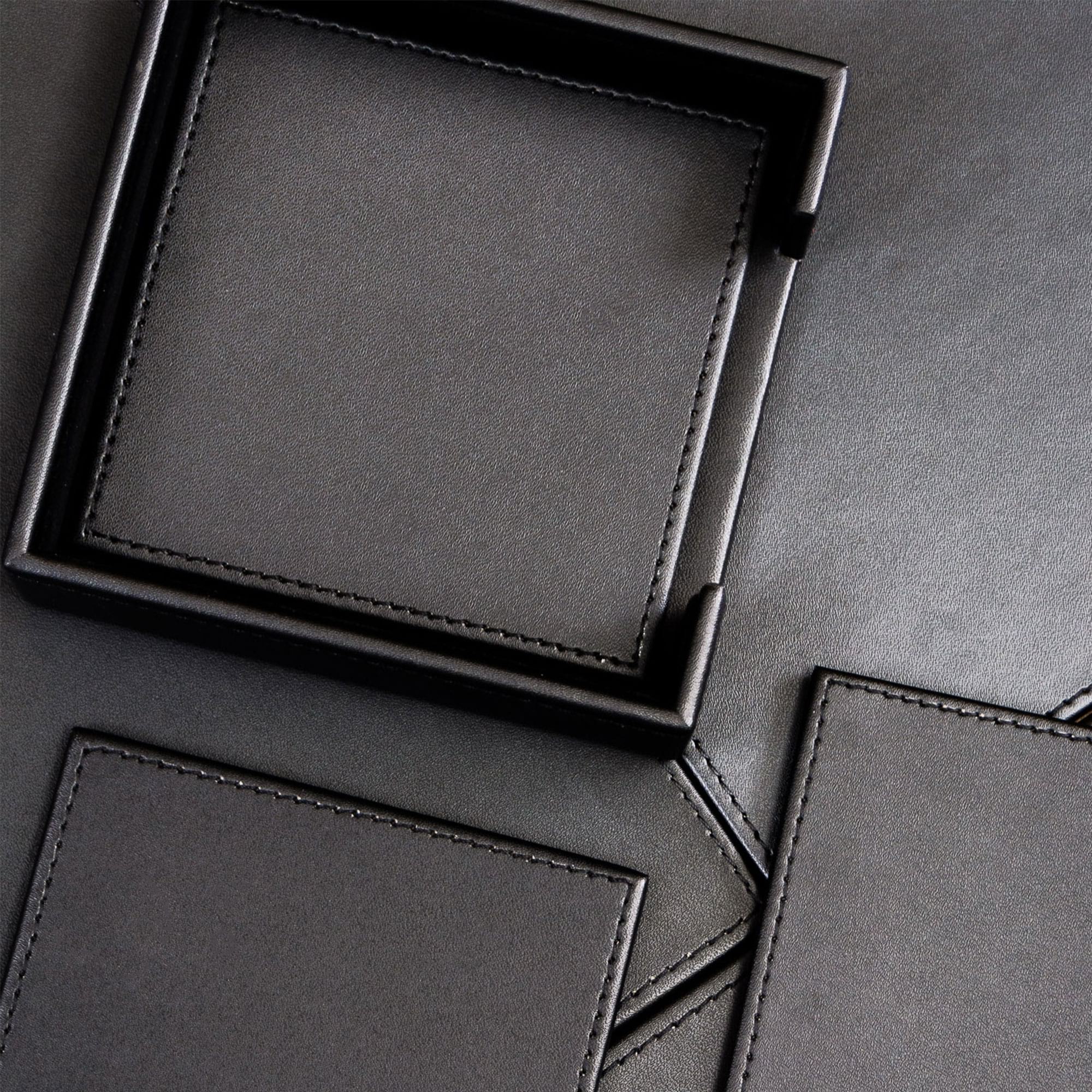 Black Leatherette 4 Square Coaster Set w/ Black Tone-on-Tone Stitching and Holder