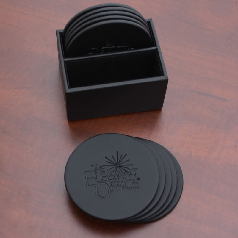 Black Leatherette 10 Round Coaster Set w/ Holder