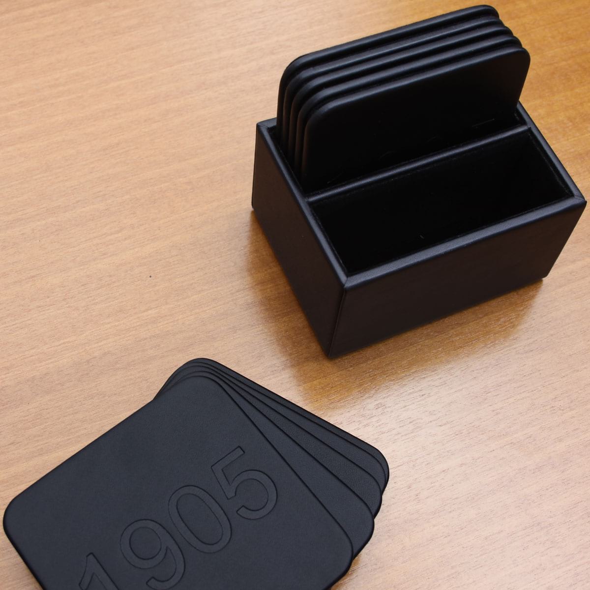 Black Leatherette 10 Square Coaster Set w/ Holder