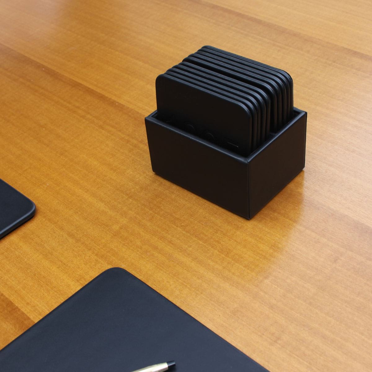 Black Leatherette 10 Square Coaster Set w/ Holder
