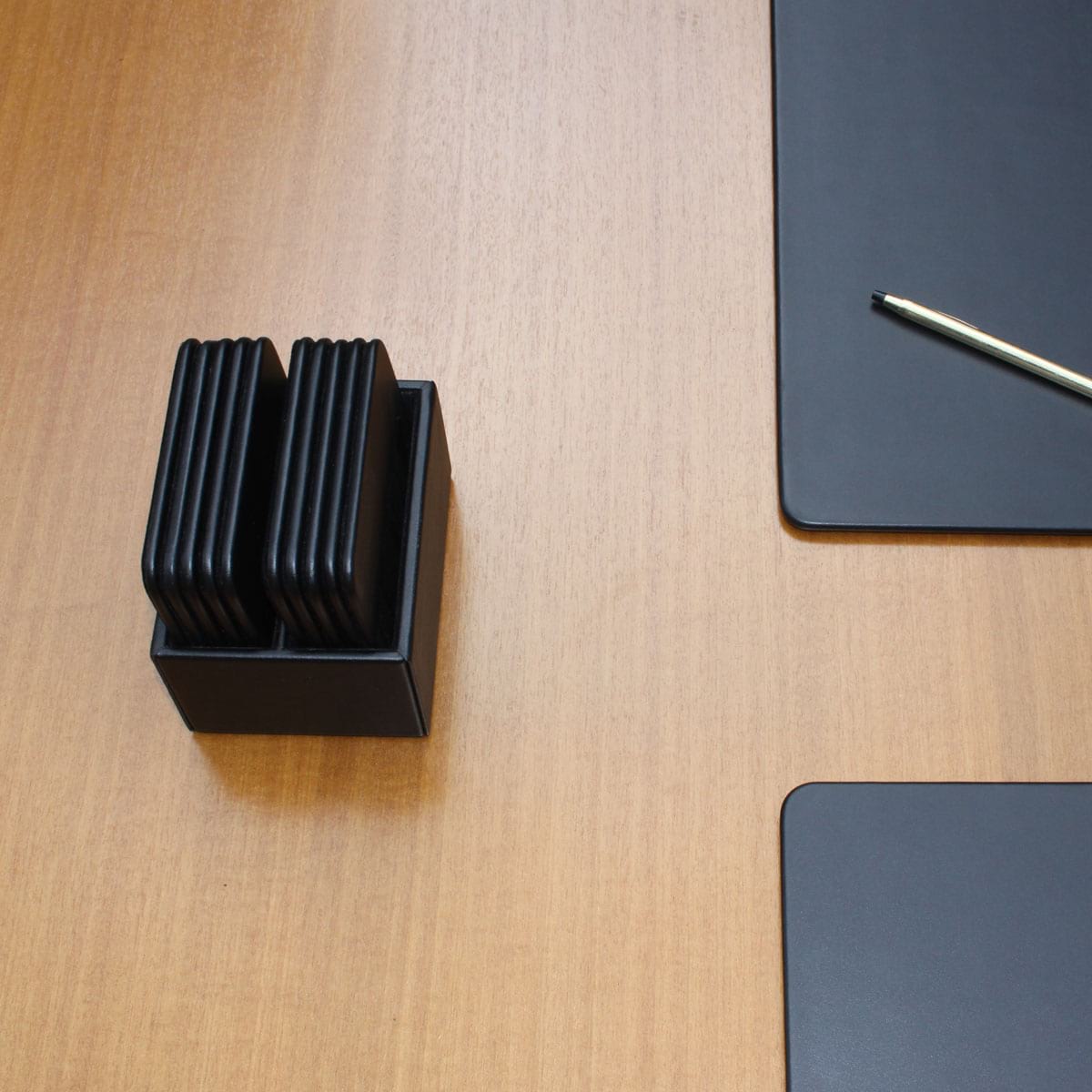Black Leatherette 10 Square Coaster Set w/ Holder