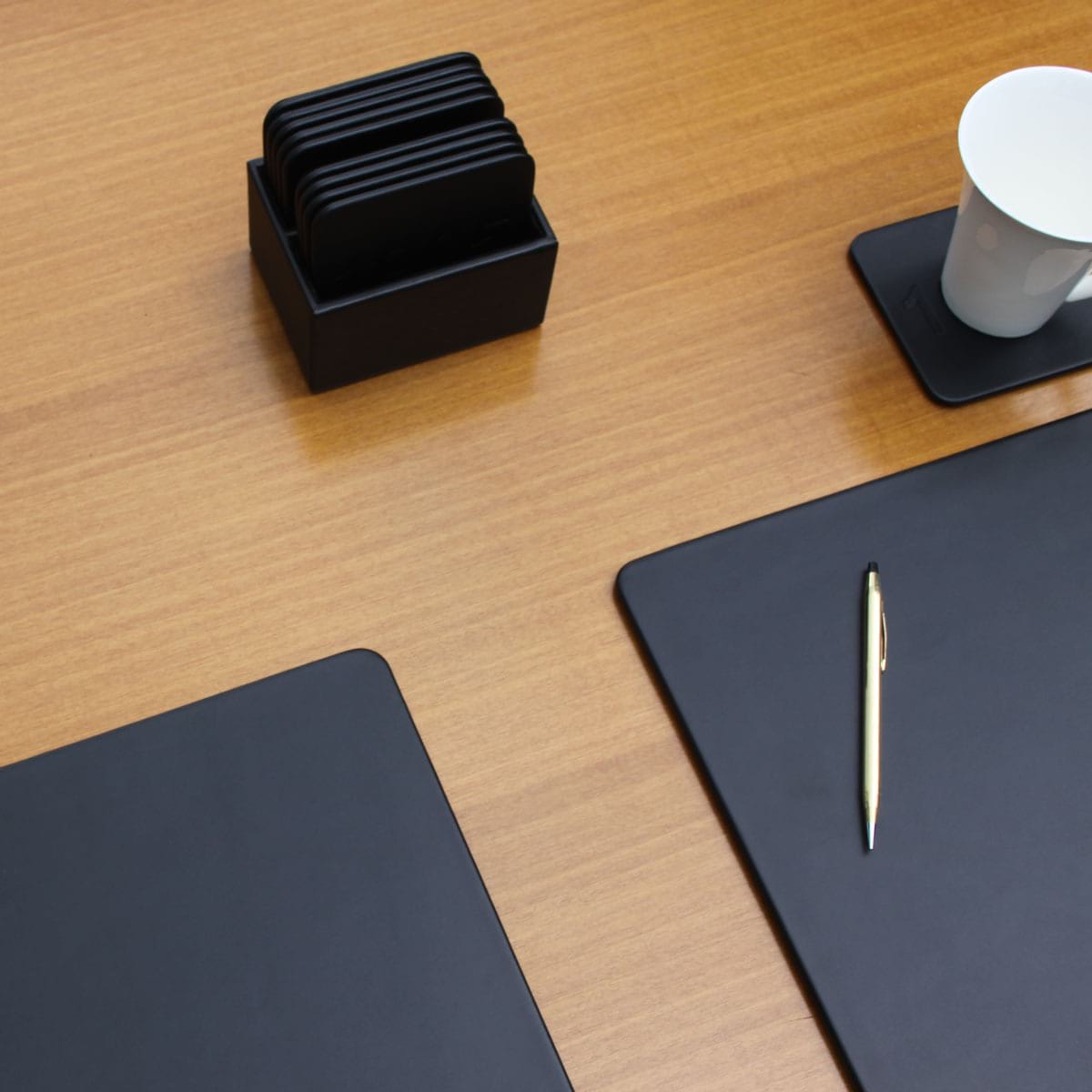 Black Leatherette 10 Square Coaster Set w/ Holder