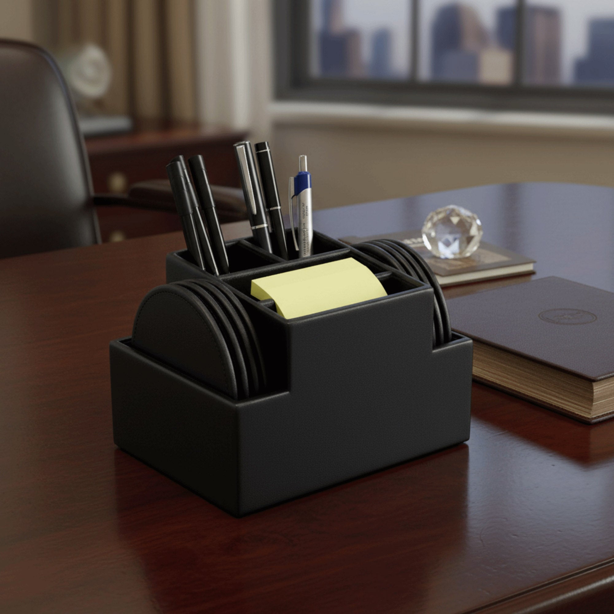 Black Leatherette Multi-Purpose Desk Supply Organizer