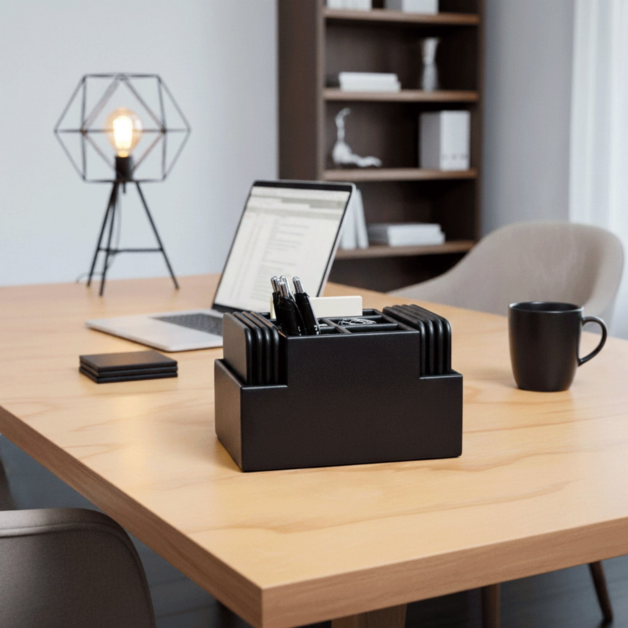 Black Leatherette Multi-Purpose Desk Supply Organizer