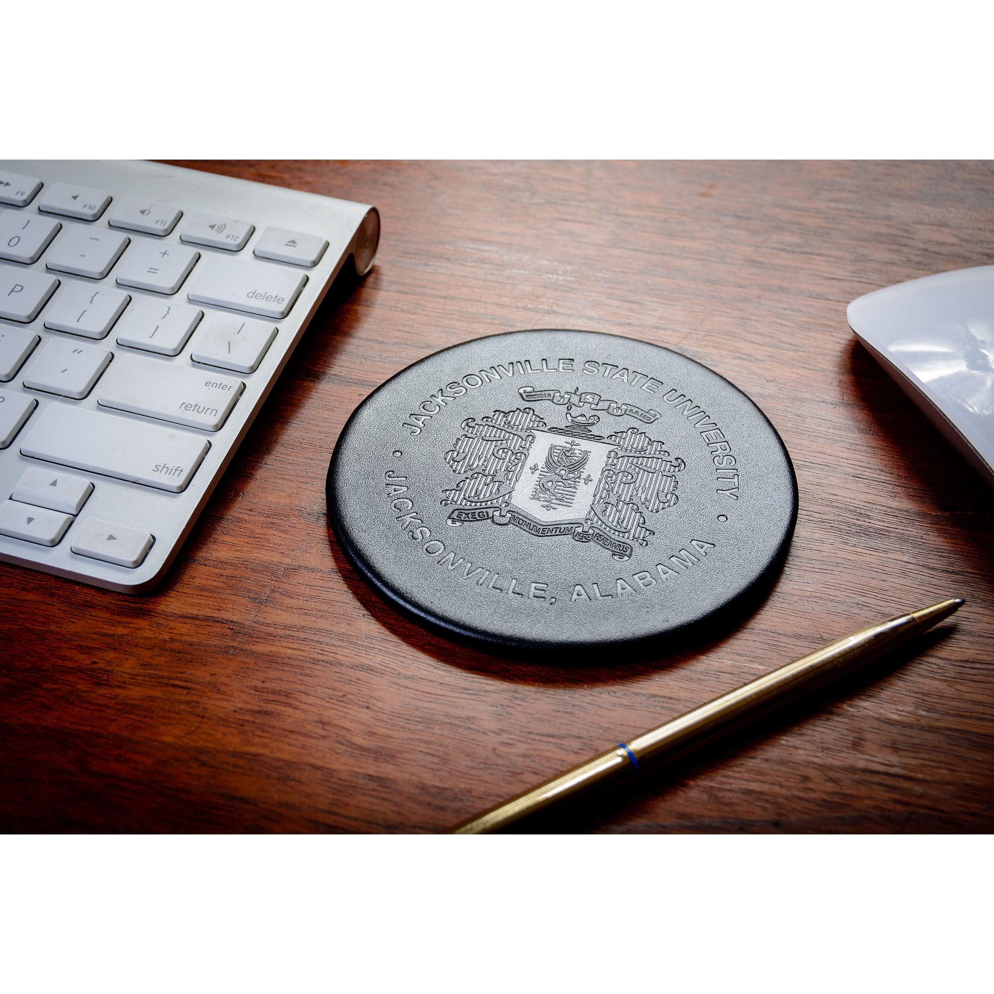 Black Leatherette Round Coaster w/ Thin Metal Core