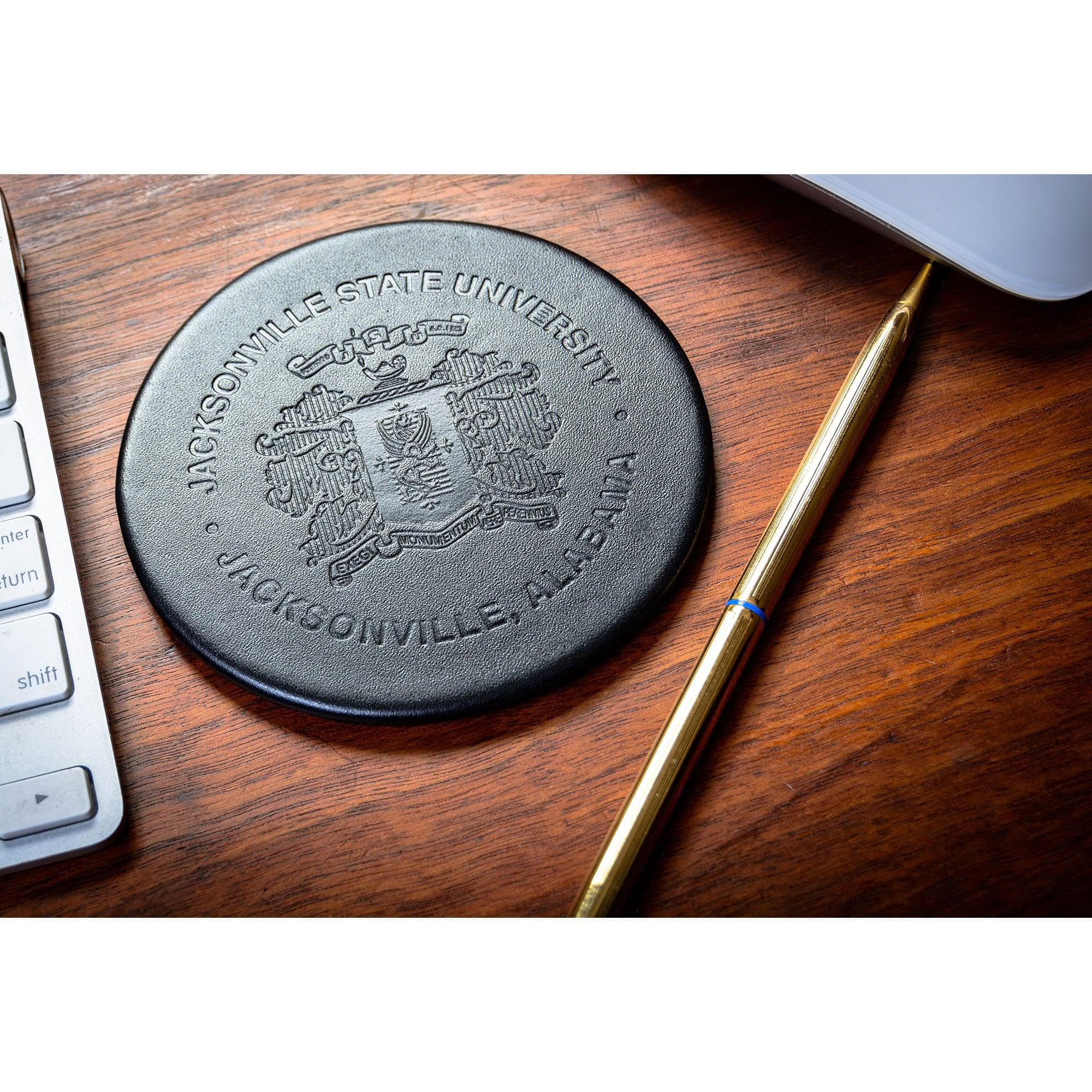 Black Leatherette Round Coaster w/ Thin Metal Core