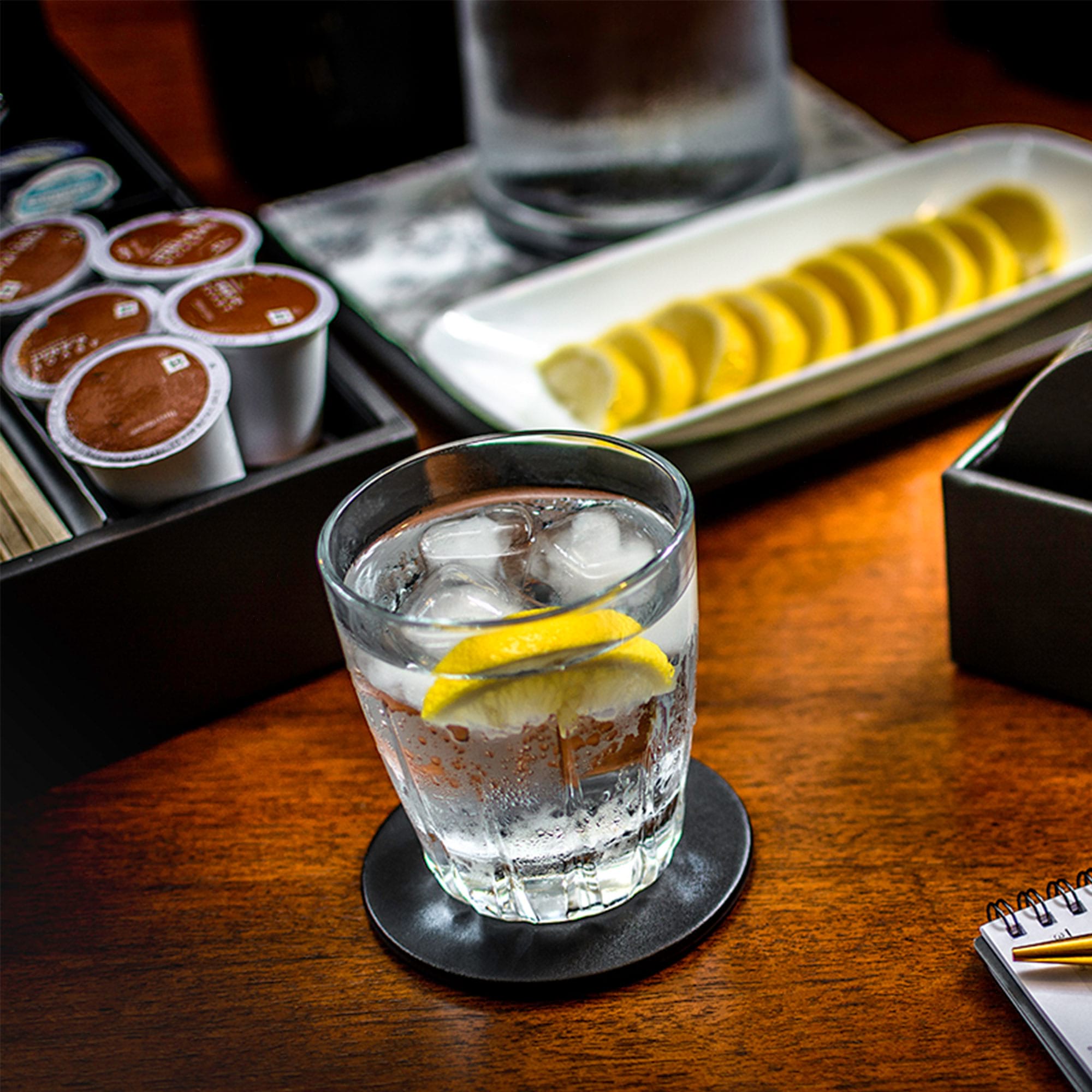 Black Leatherette Round Coaster w/ Thin Metal Core