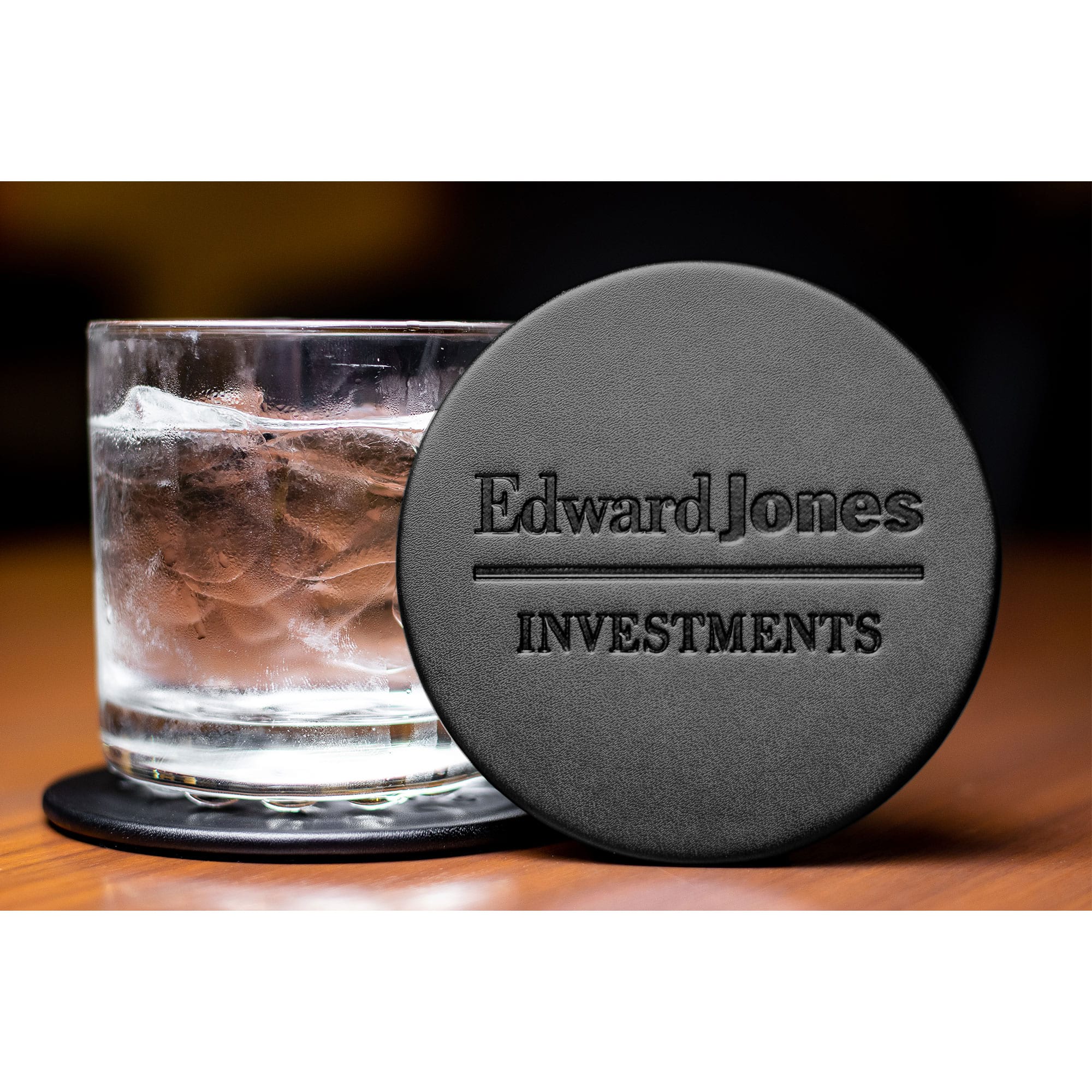 Black Leatherette Round Coaster w/ Thin Metal Core