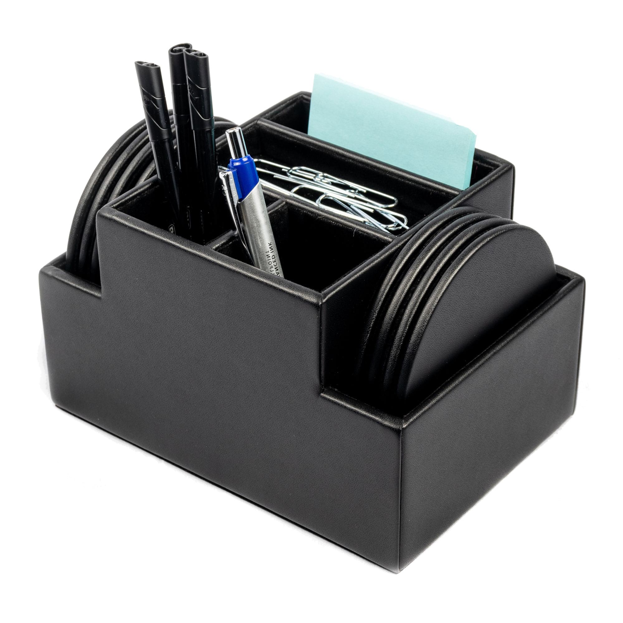 Black Leatherette 8 Round Coaster Set w/ Holder