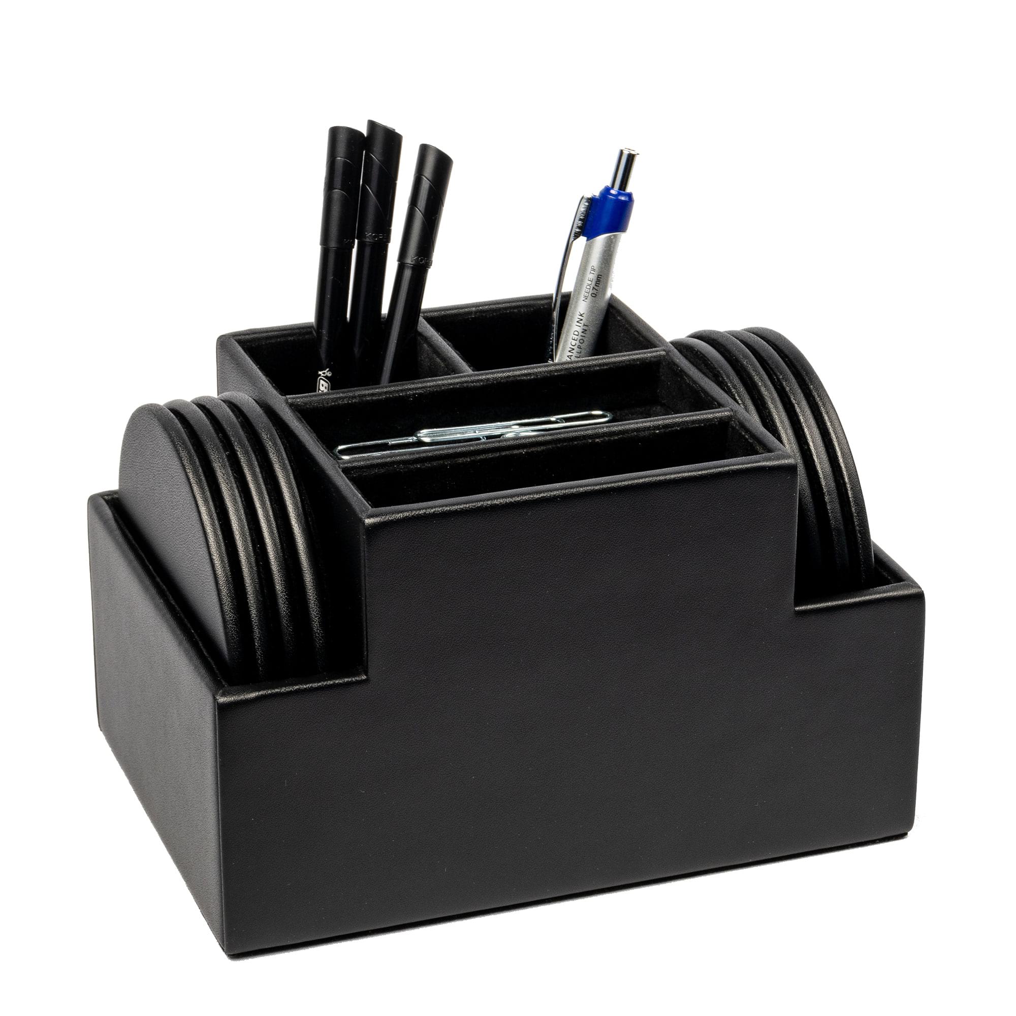 Black Leatherette 8 Round Coaster Set w/ Holder