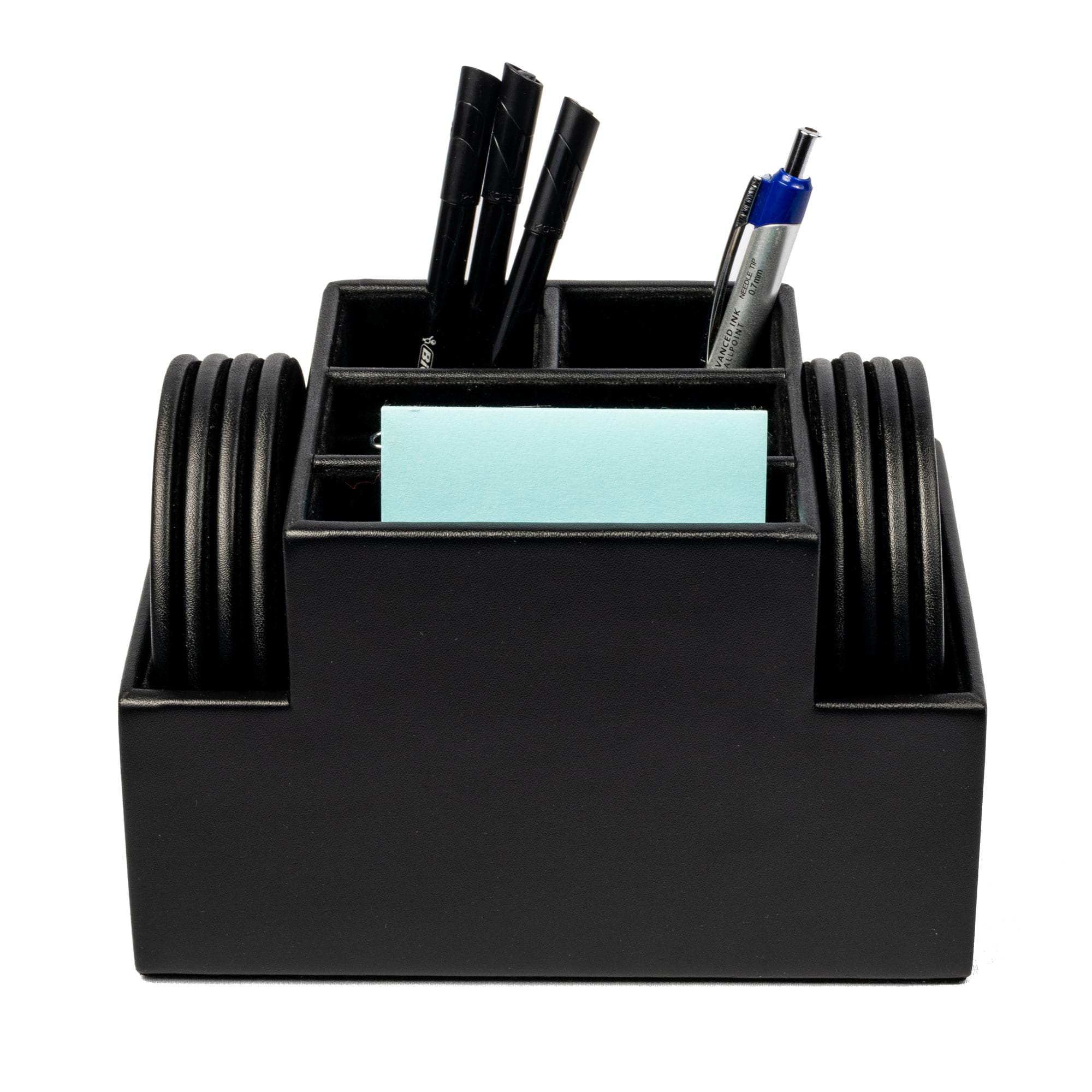 Black Leatherette 8 Round Coaster Set w/ Holder