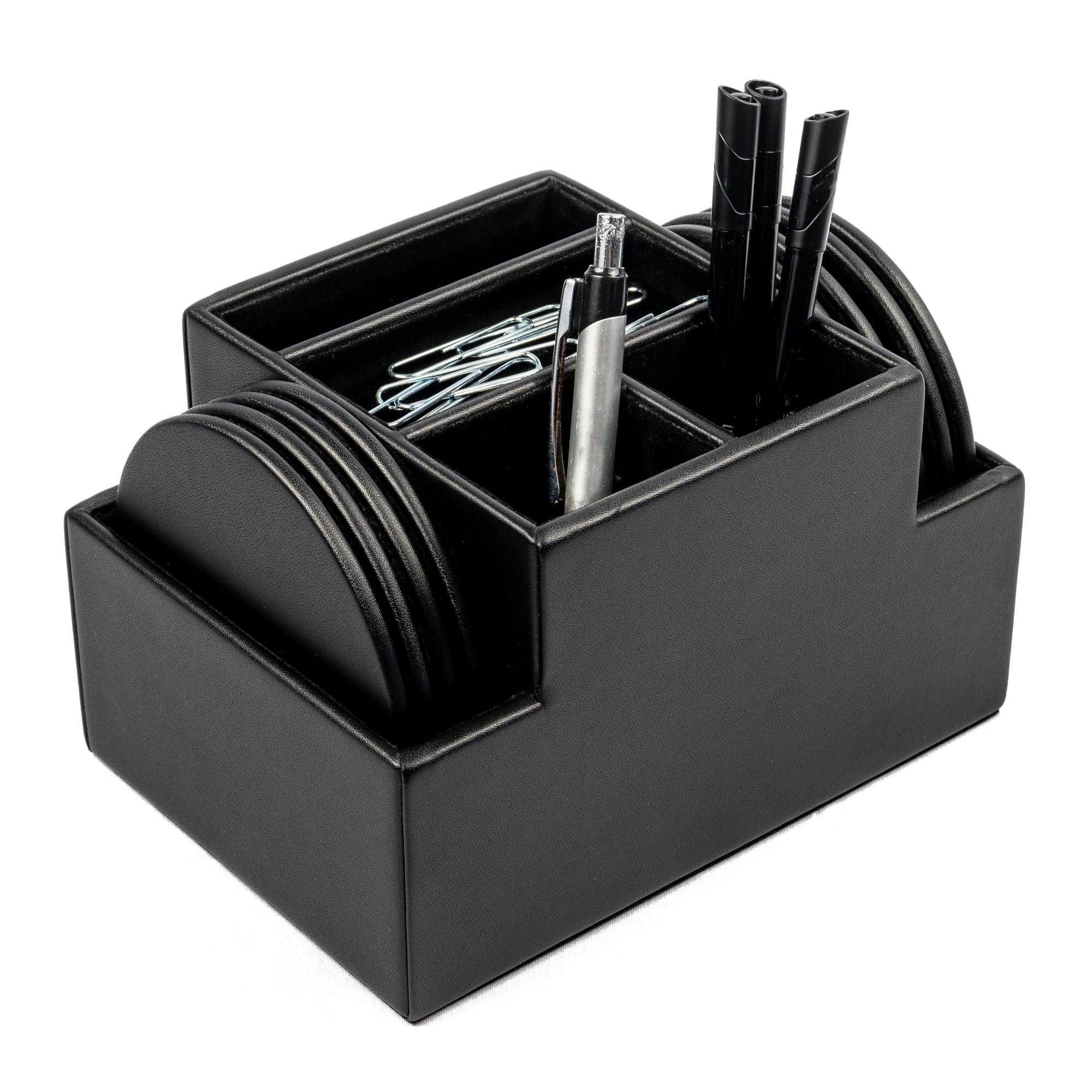 Black Leatherette 8 Round Coaster Set w/ Holder