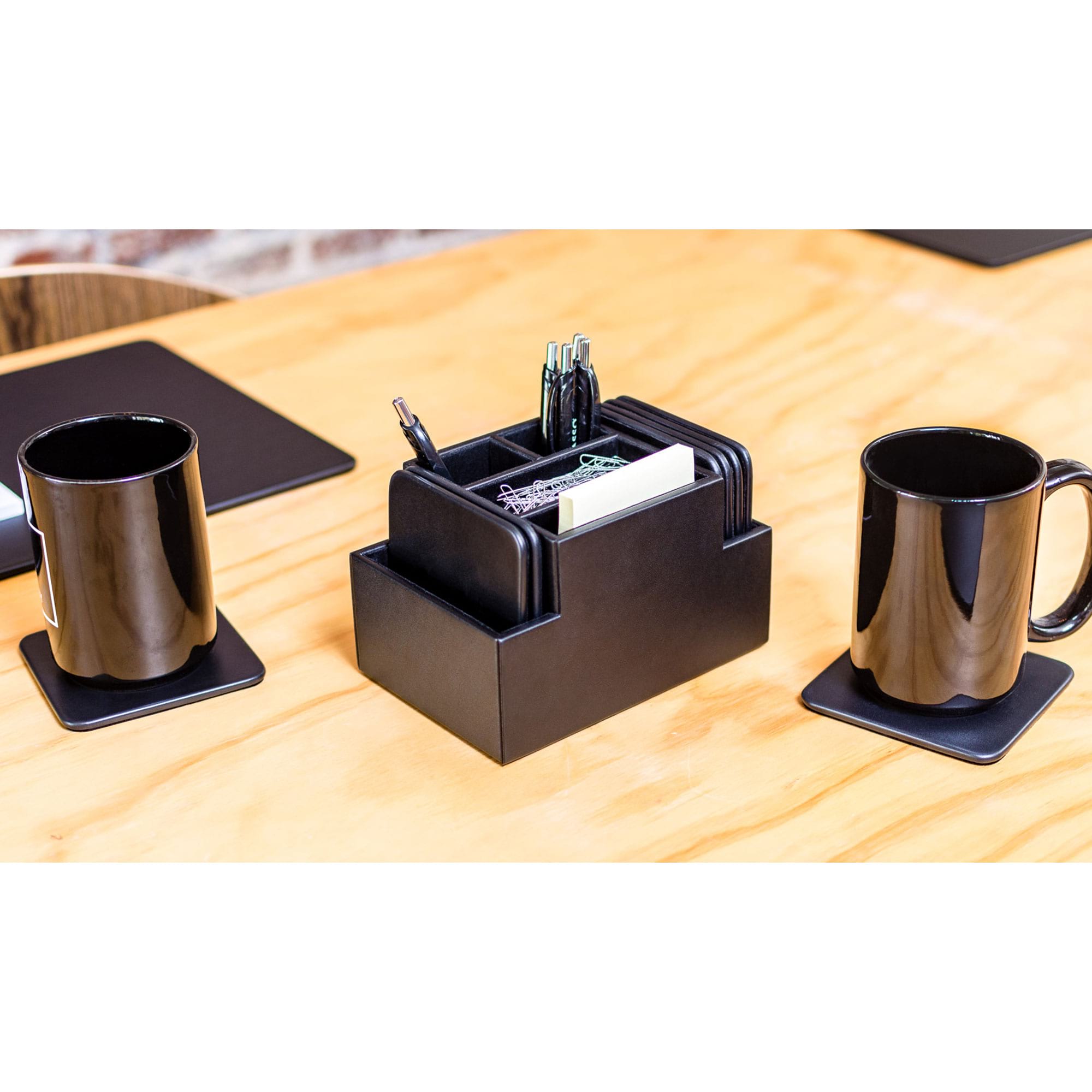 Black Leatherette 8 Square Coaster Set w/ Holder