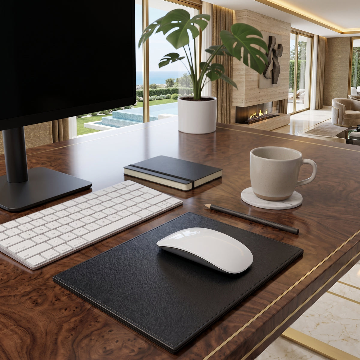 Black Leatherette Rectangular Mouse Pad With Stitching