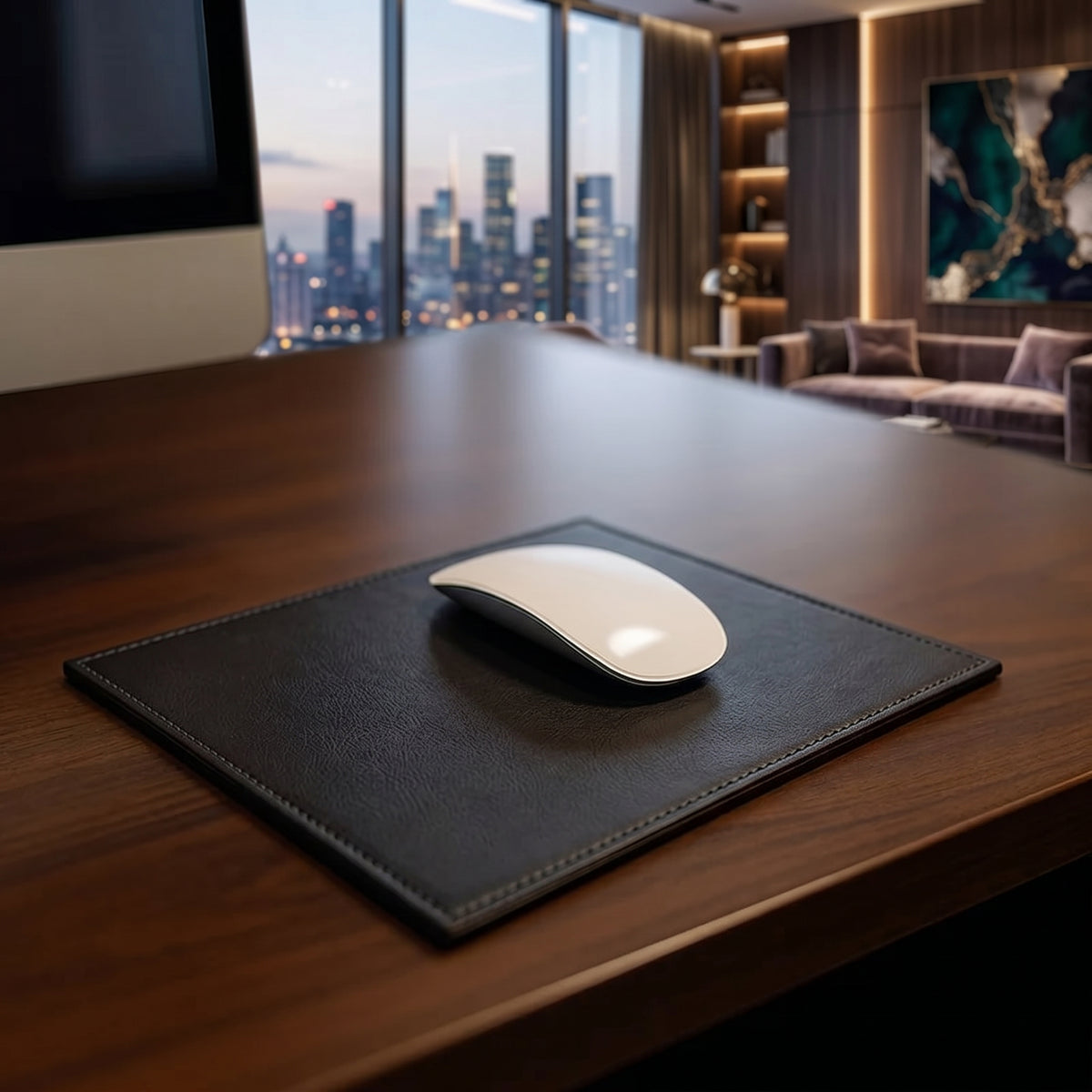 Black Leatherette Rectangular Mouse Pad With Stitching