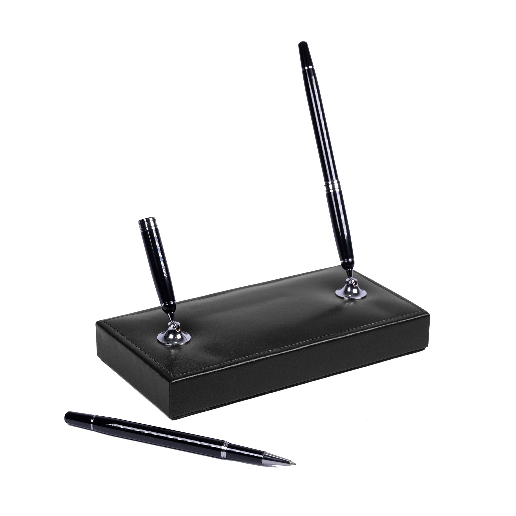 Black Bonded Leather Double Pen Stand