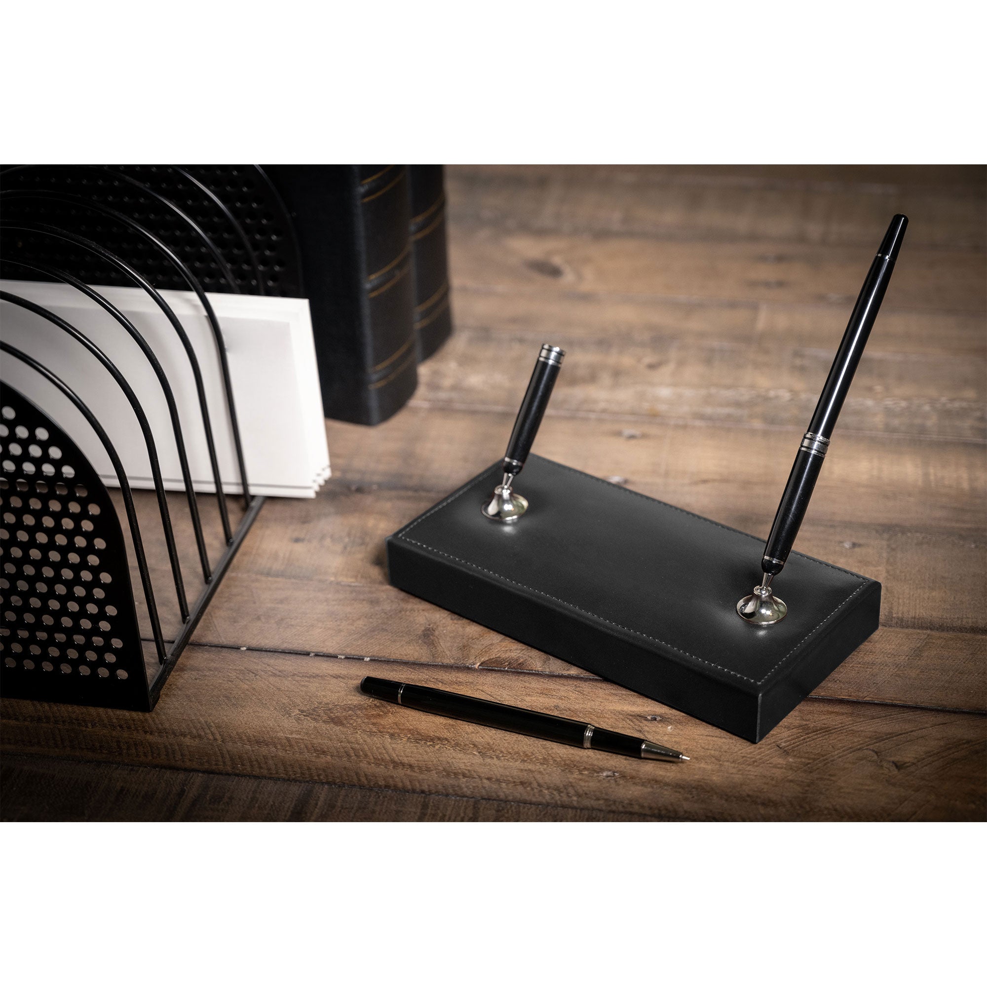 Black Bonded Leather Double Pen Stand