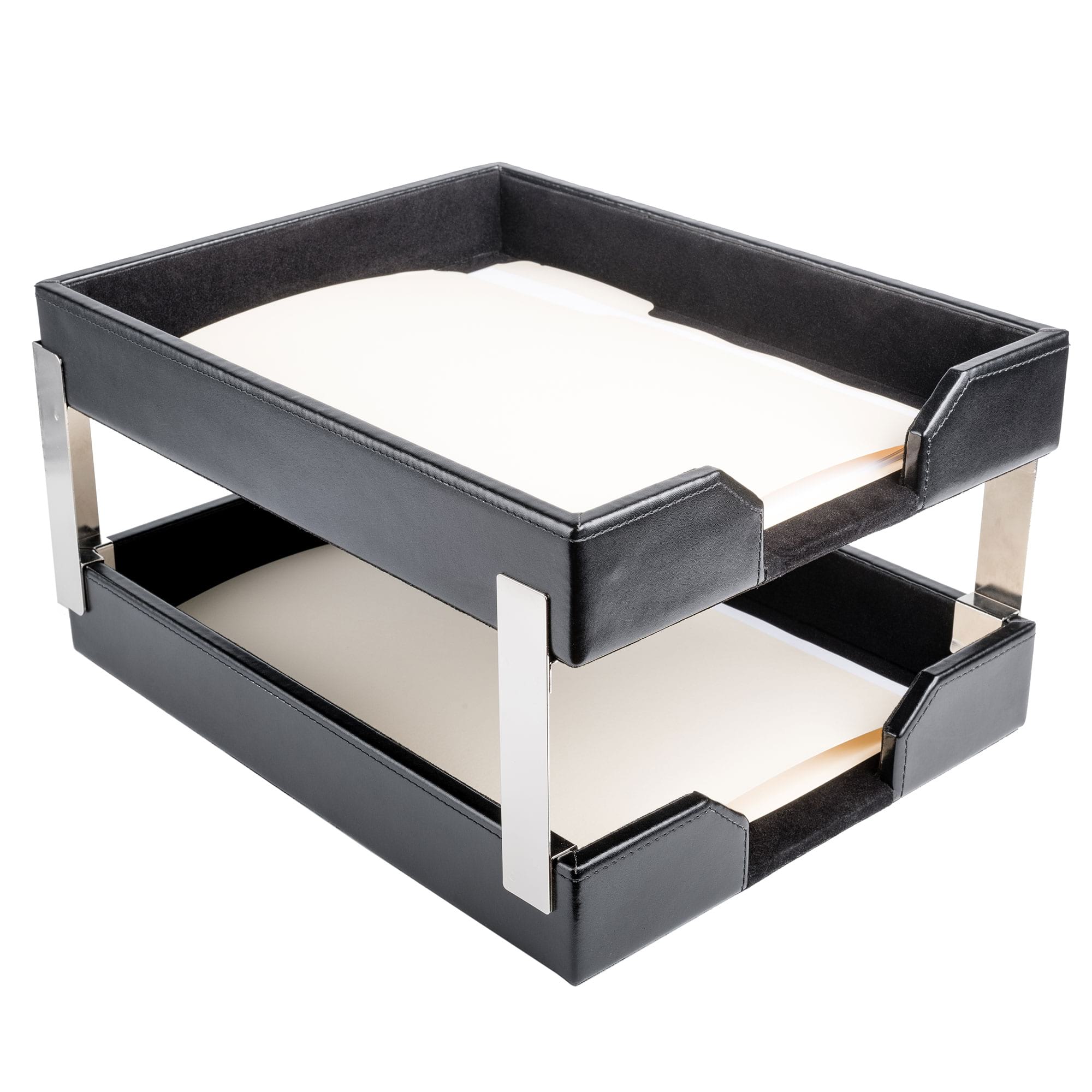 Black Bonded Leather Letter Trays, Stacking Set, Silver