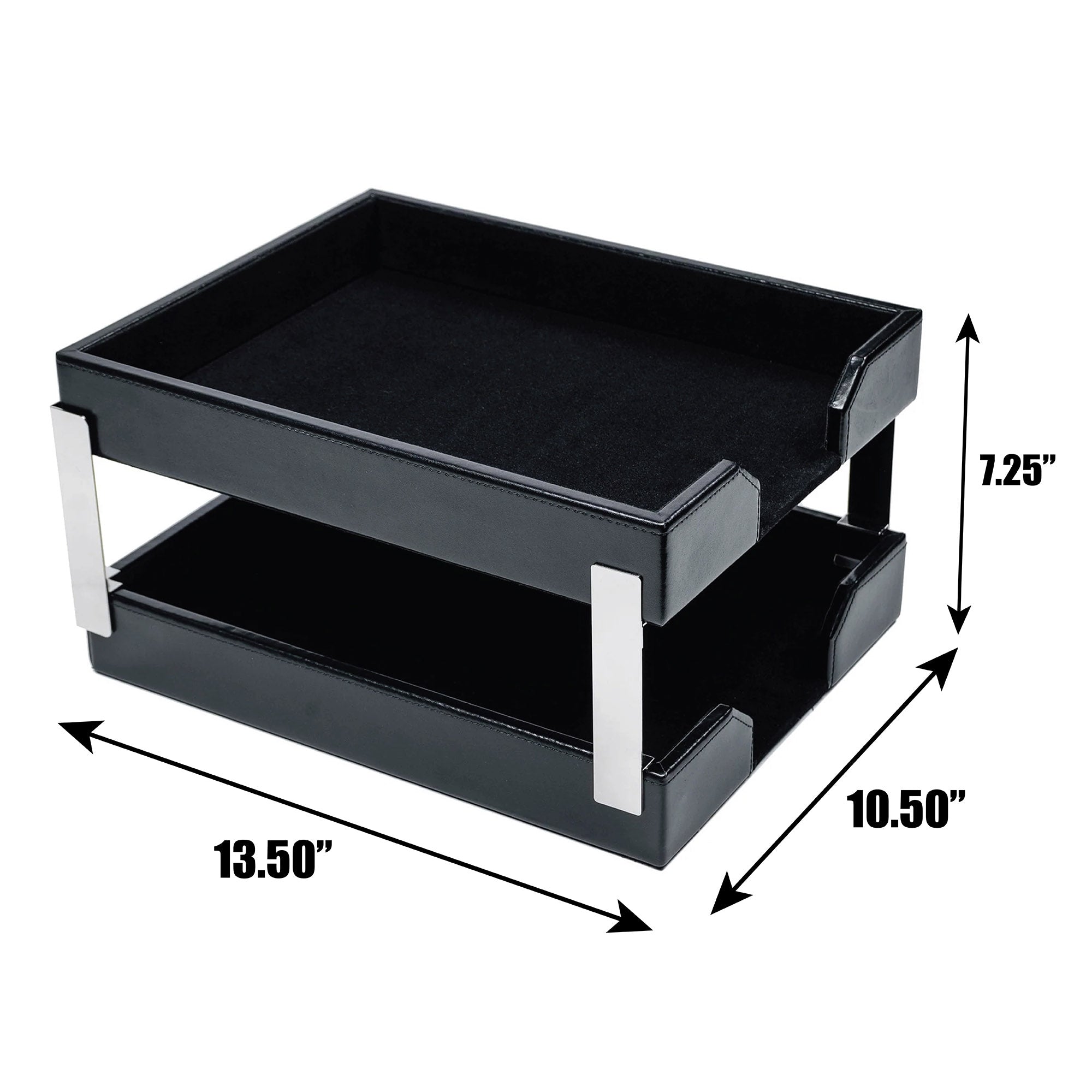 Black Bonded Leather Letter Trays, Stacking Set, Silver