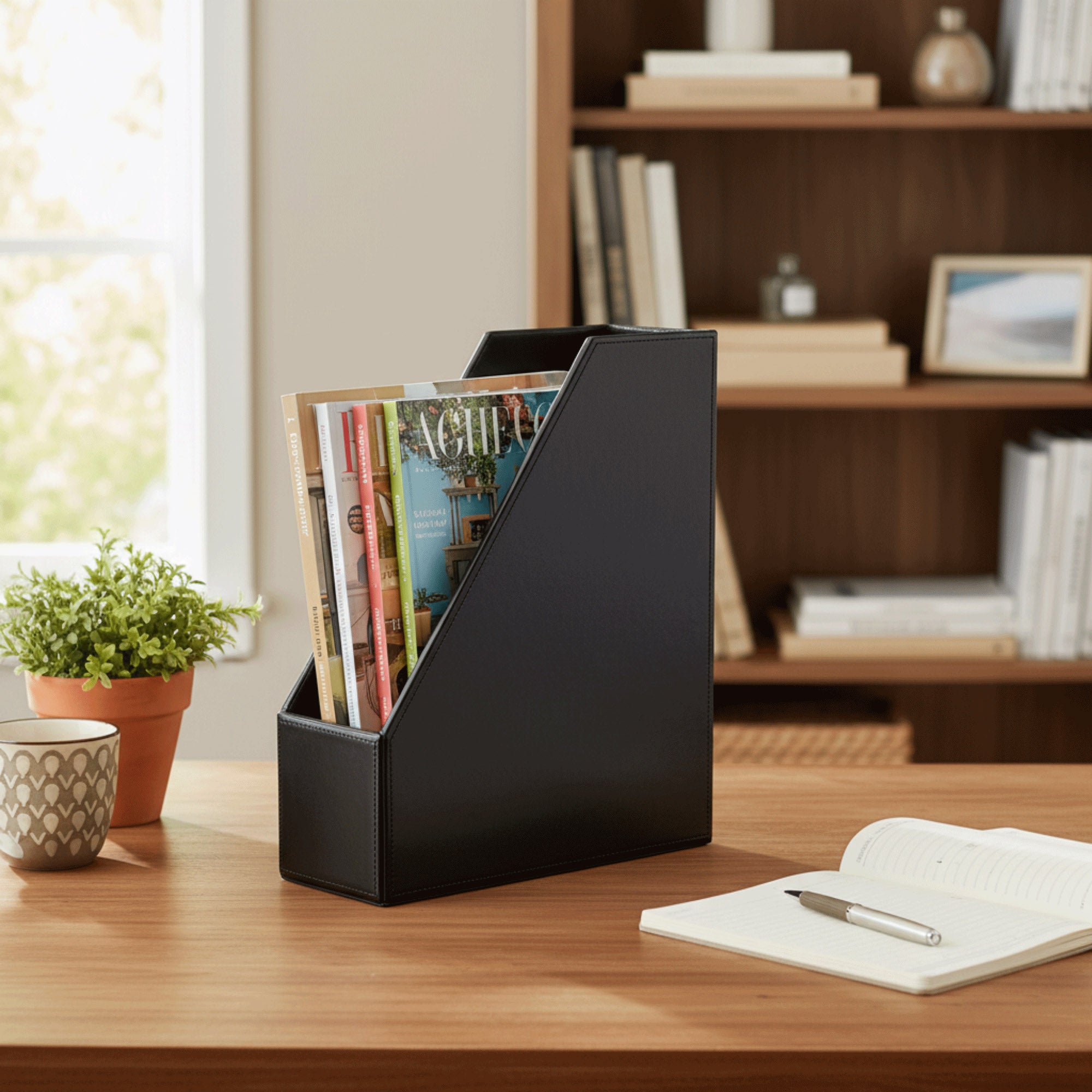 Black Bonded Leather Magazine Rack