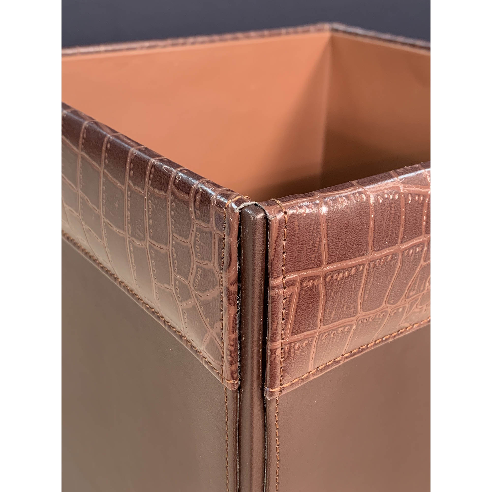 Brown Crocodile Embossed Leather Waste Basket, 14 Qt