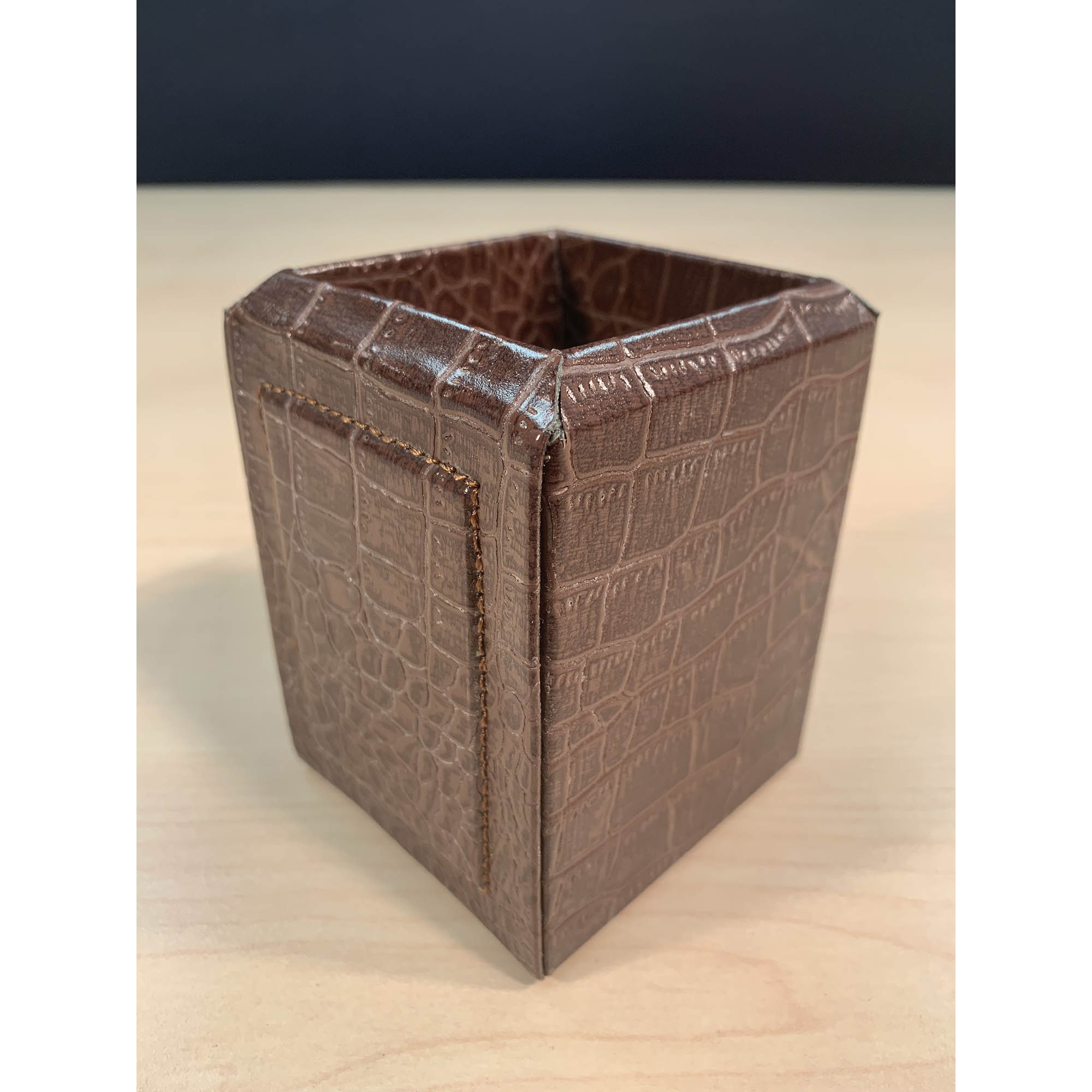 Brown Crocodile Embossed Leather Pencil Cup