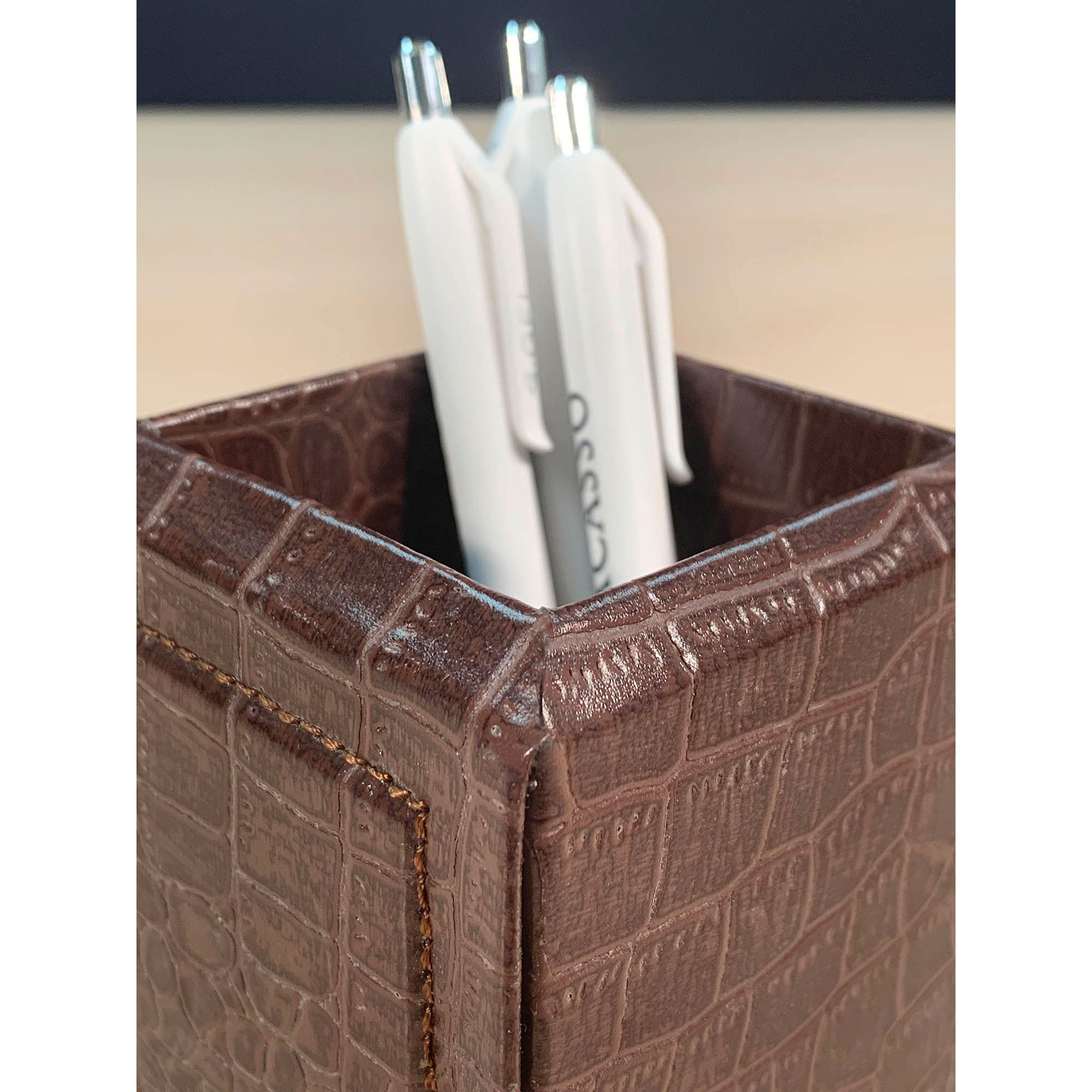 Brown Crocodile Embossed Leather Pencil Cup