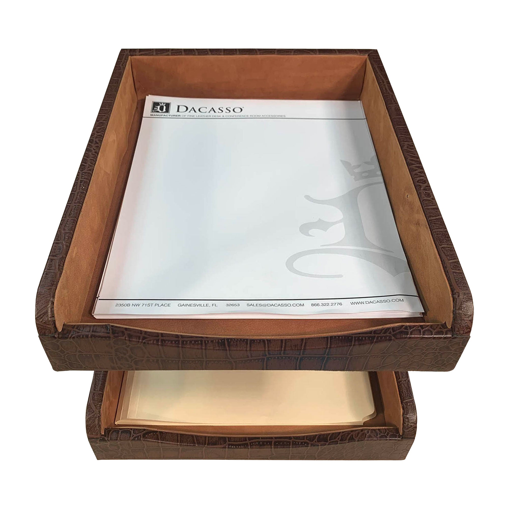 Brown Crocodile Embossed Leather Letter Trays, Stacking Set, Gold