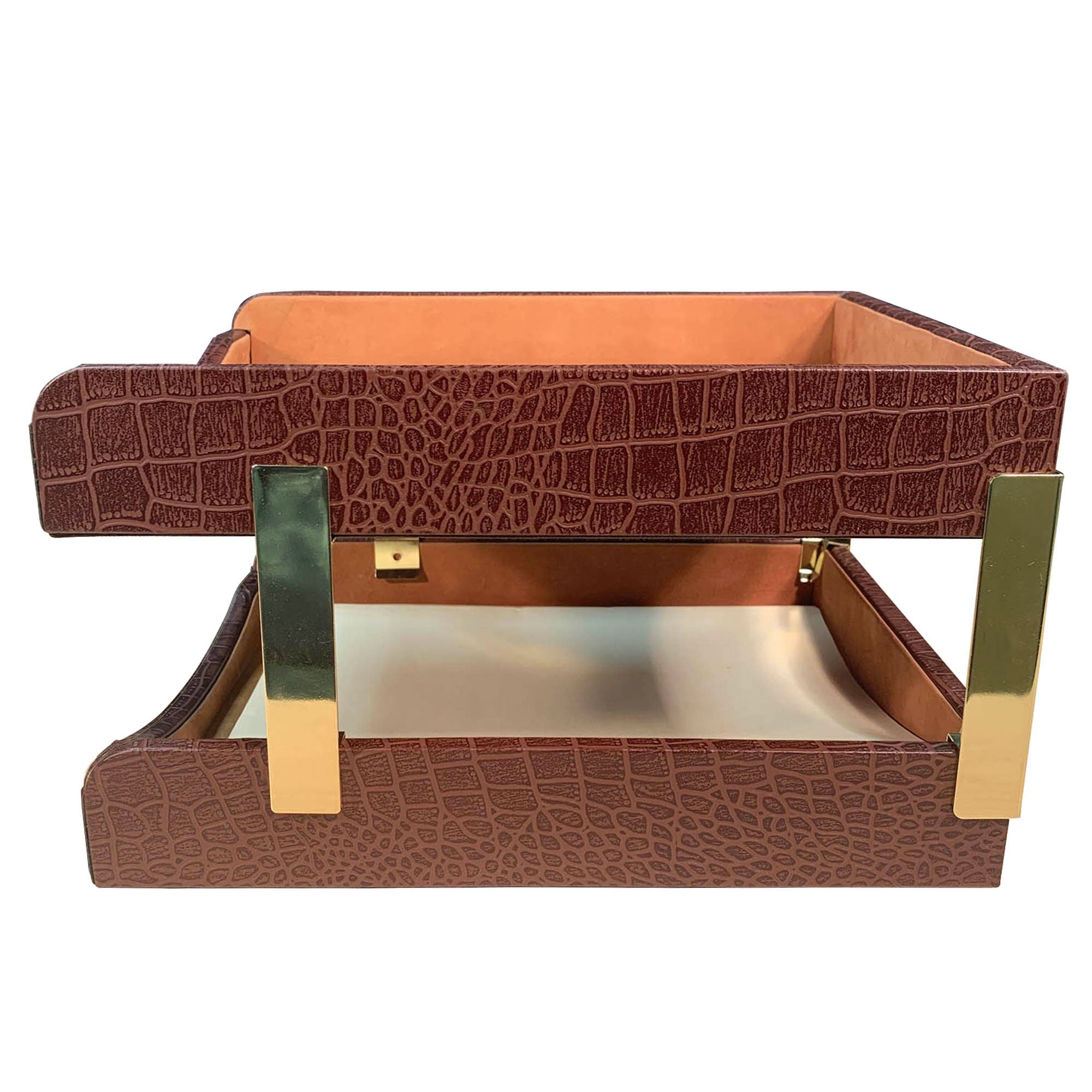 Brown Crocodile Embossed Leather Letter Trays, Stacking Set, Gold