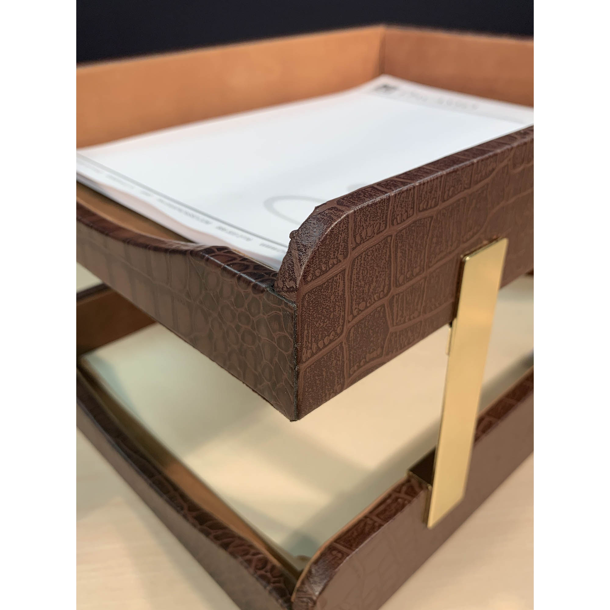 Brown Crocodile Embossed Leather Letter Trays, Stacking Set, Gold
